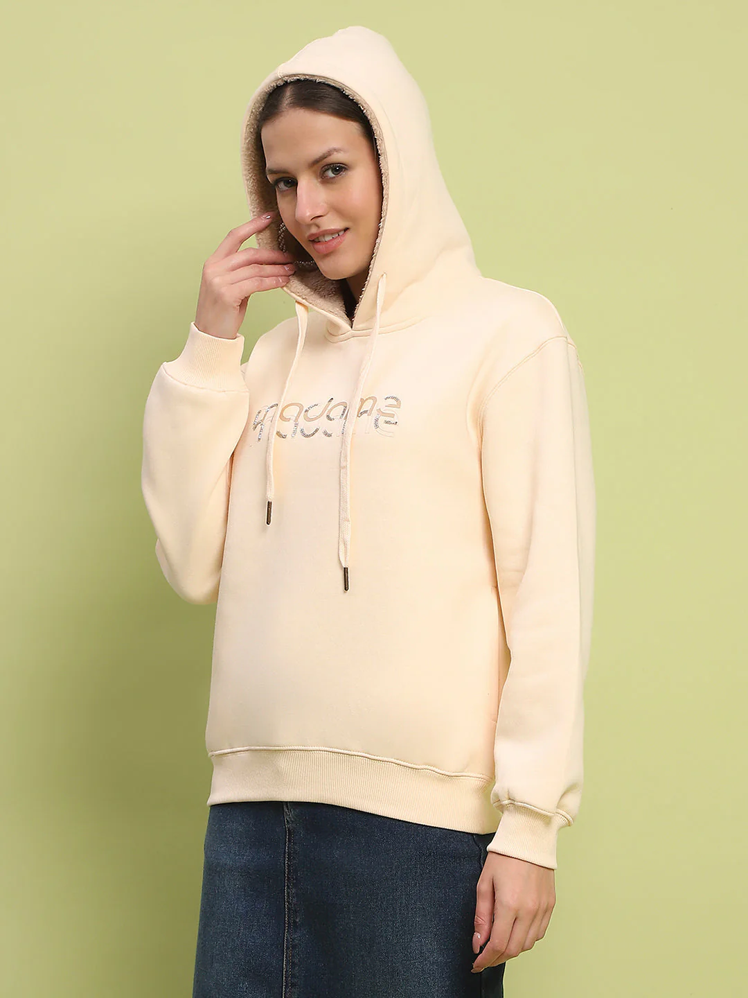 Madame Typography Print Hooded Beige Cotton Sweatshirt - Image 5