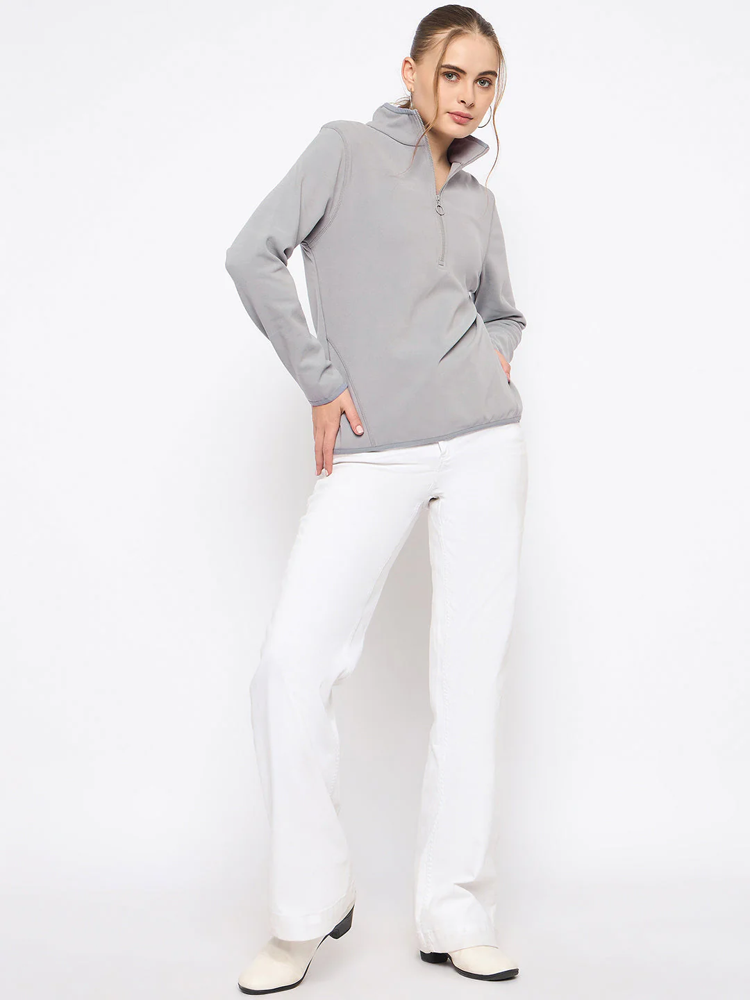 Madame Polar Fleece Half-Zipper Grey Sweatshirt - Image 2
