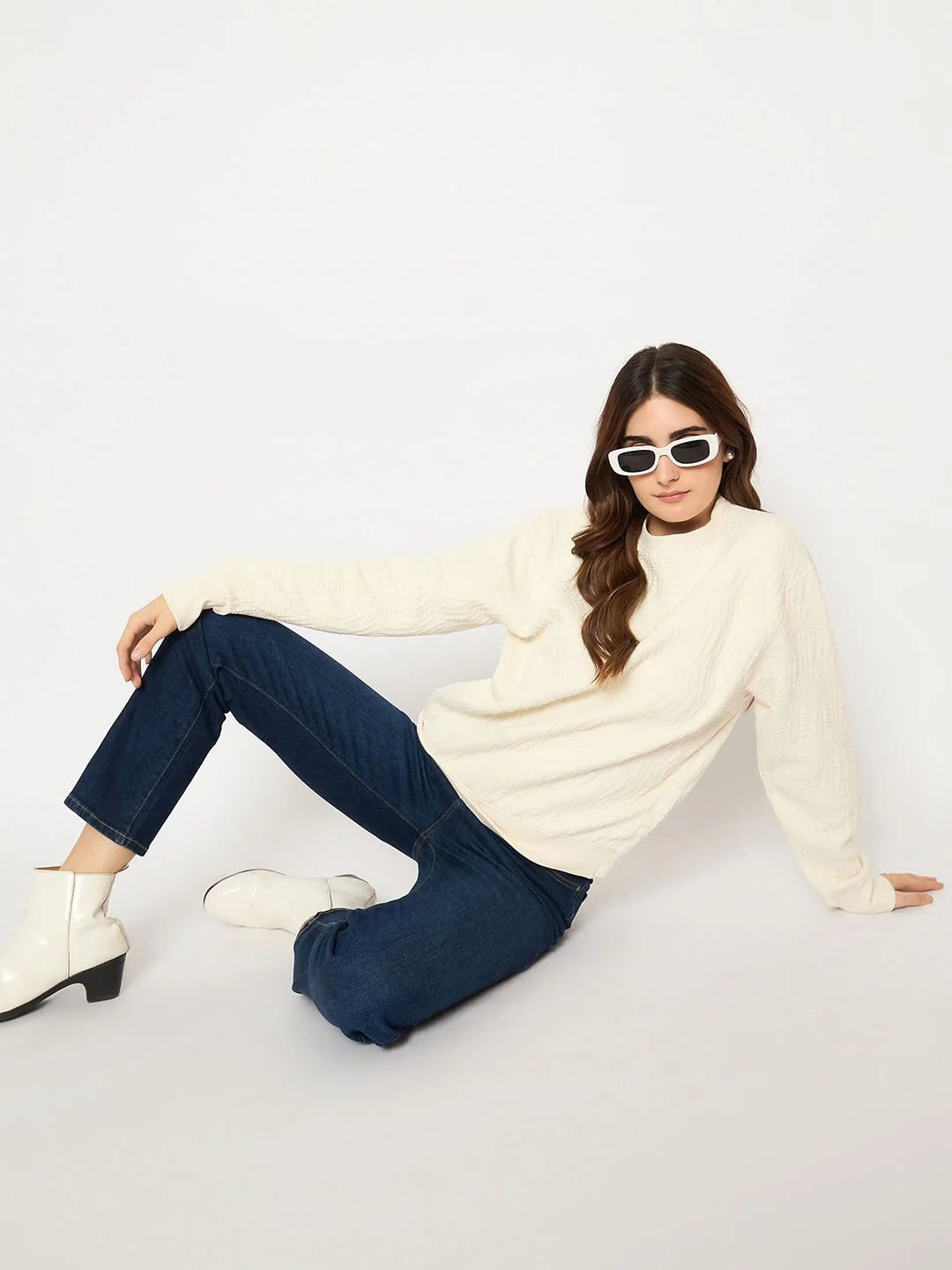 Madame Knitted Self-Textured Off White Sweatshirt - Image 2