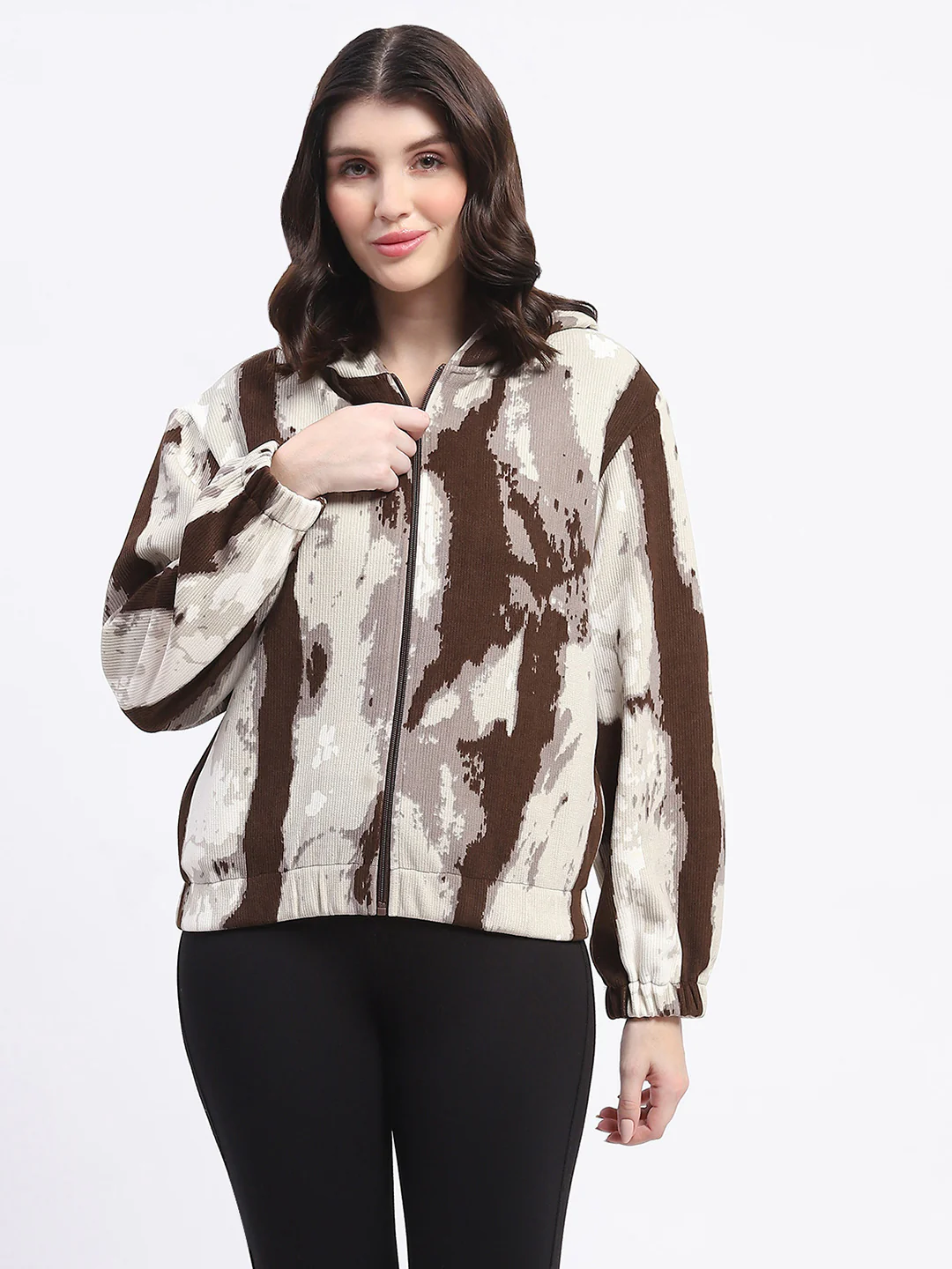 Madame All Over Print Zipped Brown Hooded Sweatshirt For Women - Image 3