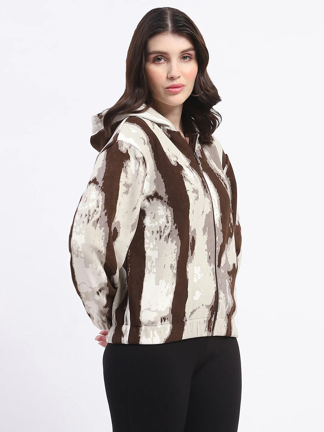 Madame All Over Print Zipped Brown Hooded Sweatshirt For Women - Image 4