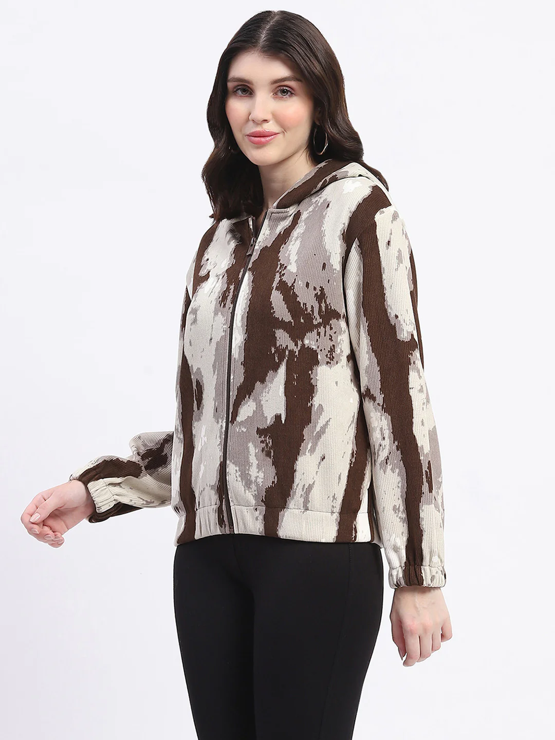 Madame All Over Print Zipped Brown Hooded Sweatshirt For Women - Image 5