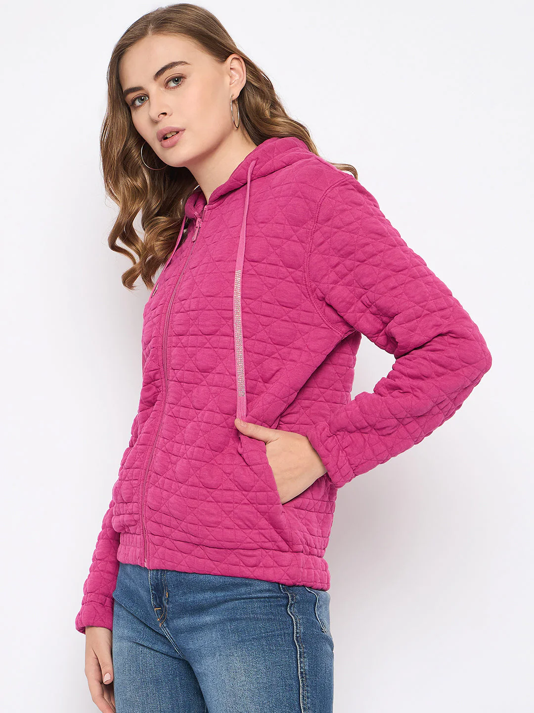 Madame Cotton Blend Self-Textured Zipped Hot Pink Sweatshirt - Image 4