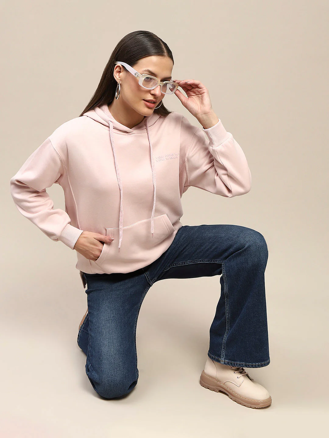 Madame Cotton Placement Print Hooded Dusty Pink Sweatshirt - Image 2