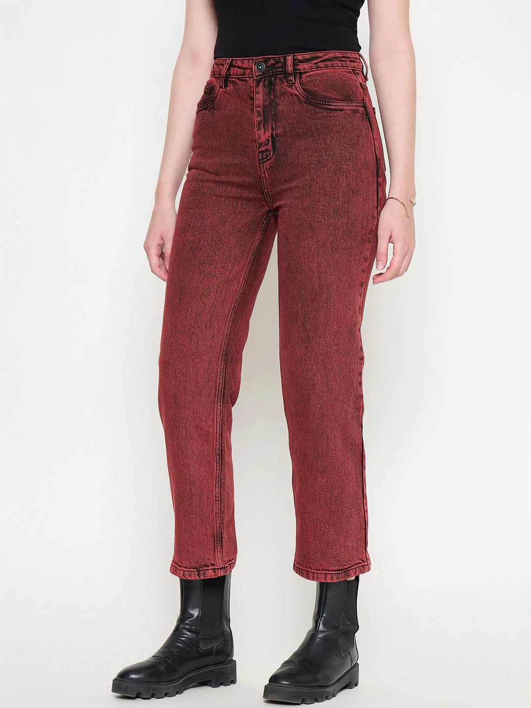 Madame Cotton Blend Acid Wash Red Denim - Image 4