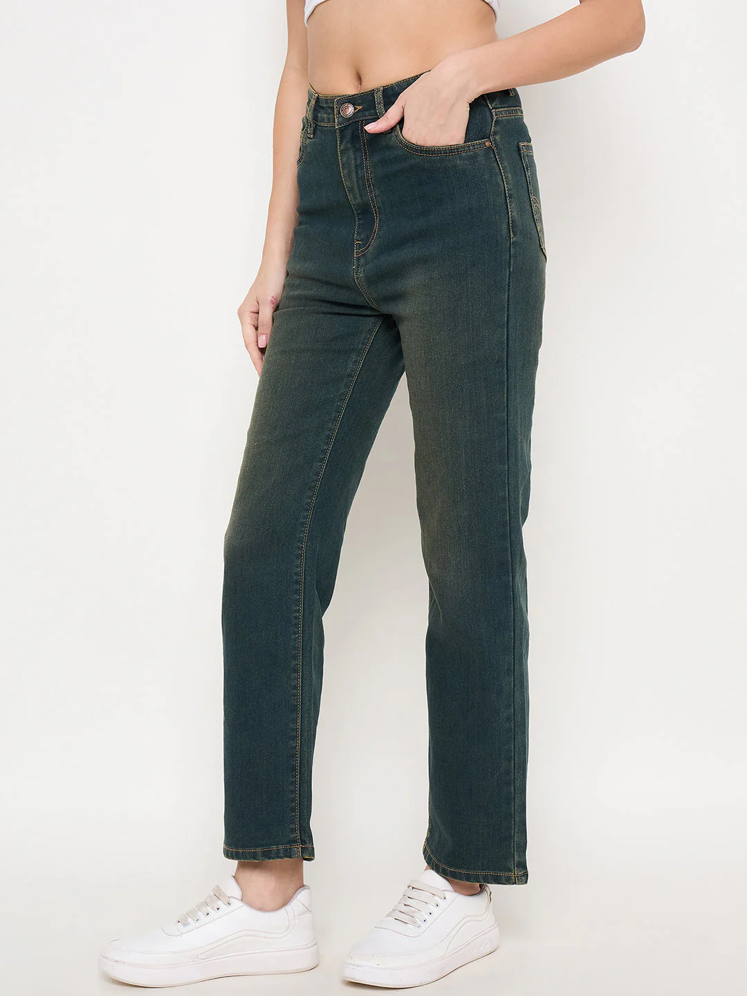 Madame Green Tinted Stone Wash Cotton Blend Denim Jeans - Image 5