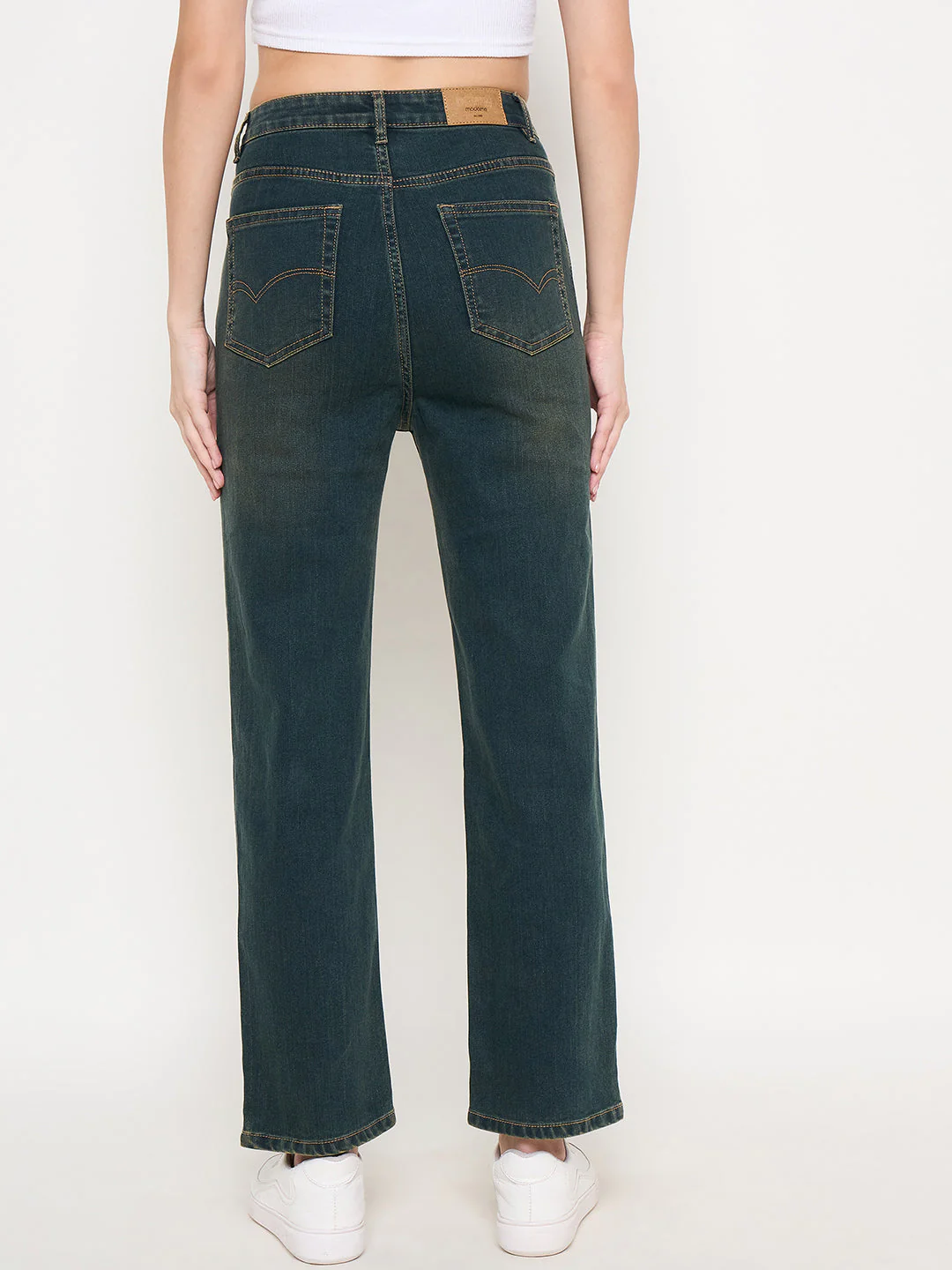 Madame Green Tinted Stone Wash Cotton Blend Denim Jeans - Image 6