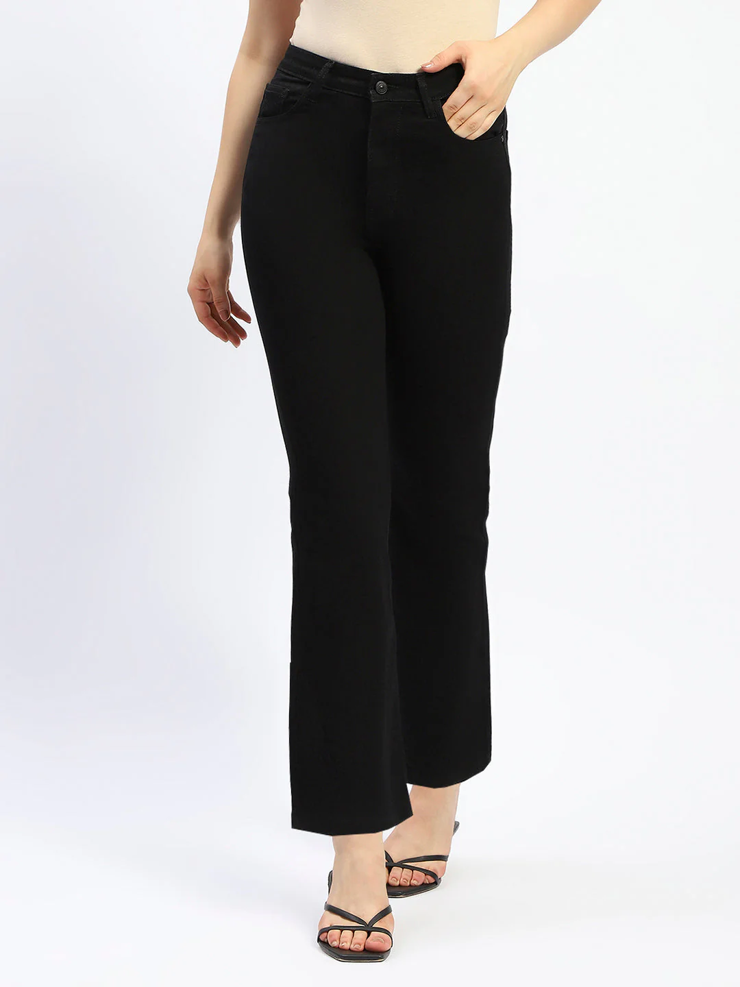 Madame Flared Solid Black Cotton Blend Denim - Image 2