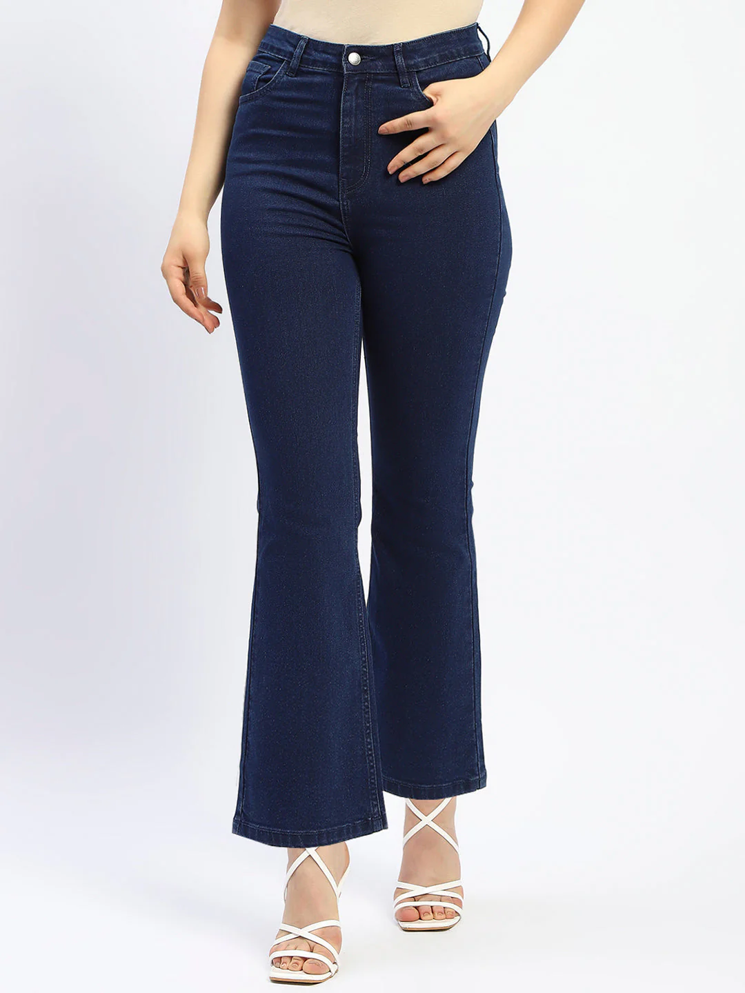 Madame Flared Solid Blue Cotton Blend Denim - Image 2