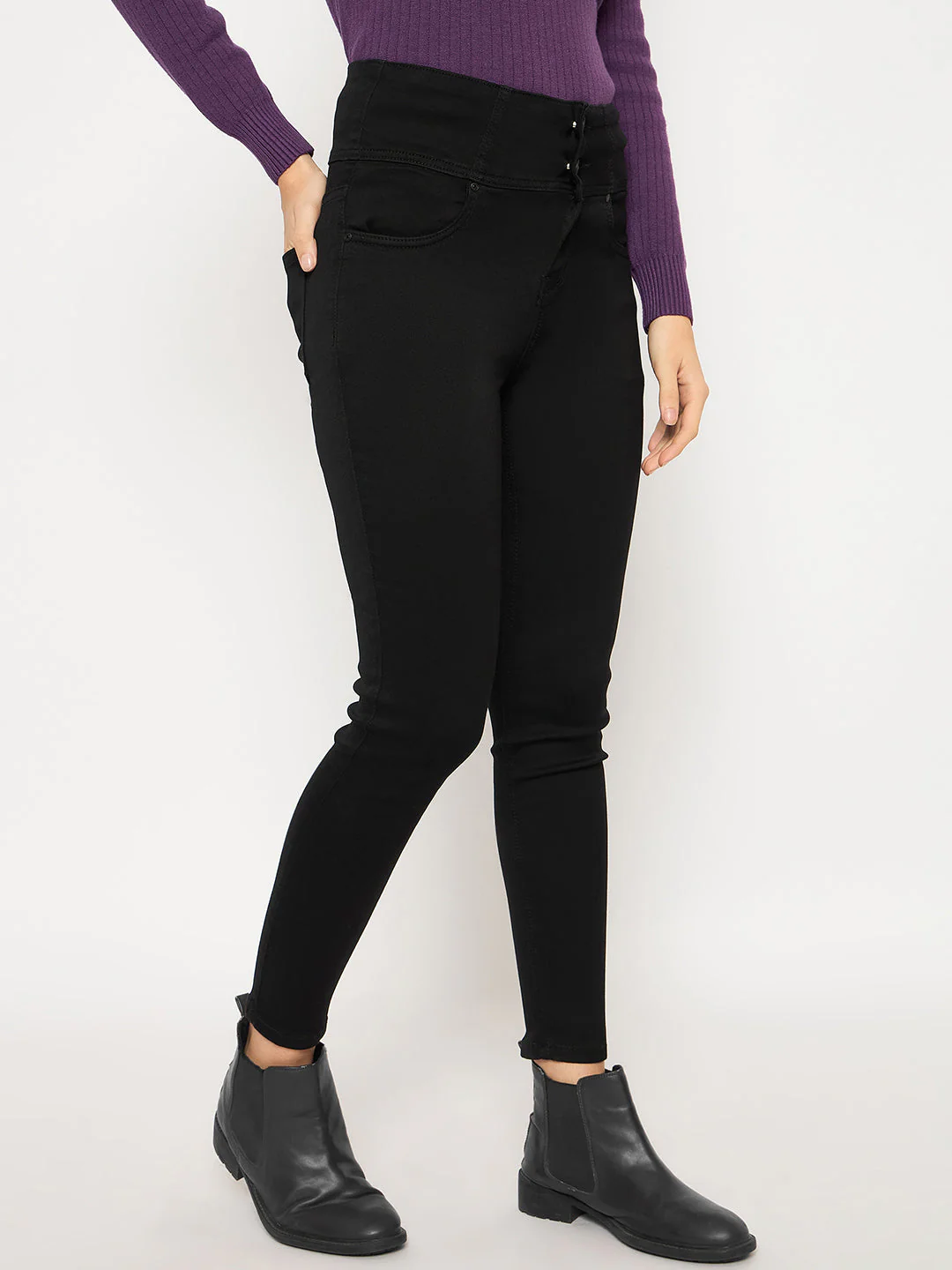 Madame Cotton Blend Double High Rise Solid Button Black Denim Jeans - Image 4