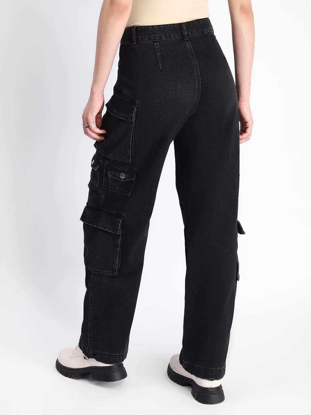 Madame Multi Pocketed Charcoal Black Cotton Denim Cargo - Image 6
