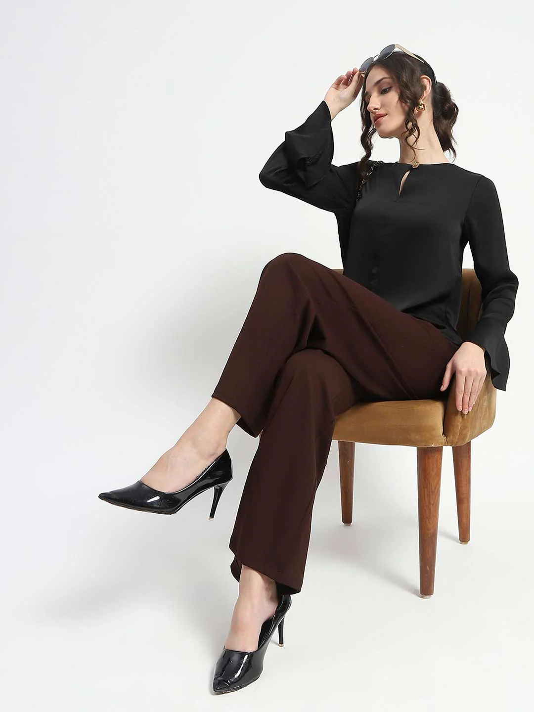 Madame Straight Fit Elasticated Waist Solid Coffee Trousers - Image 2