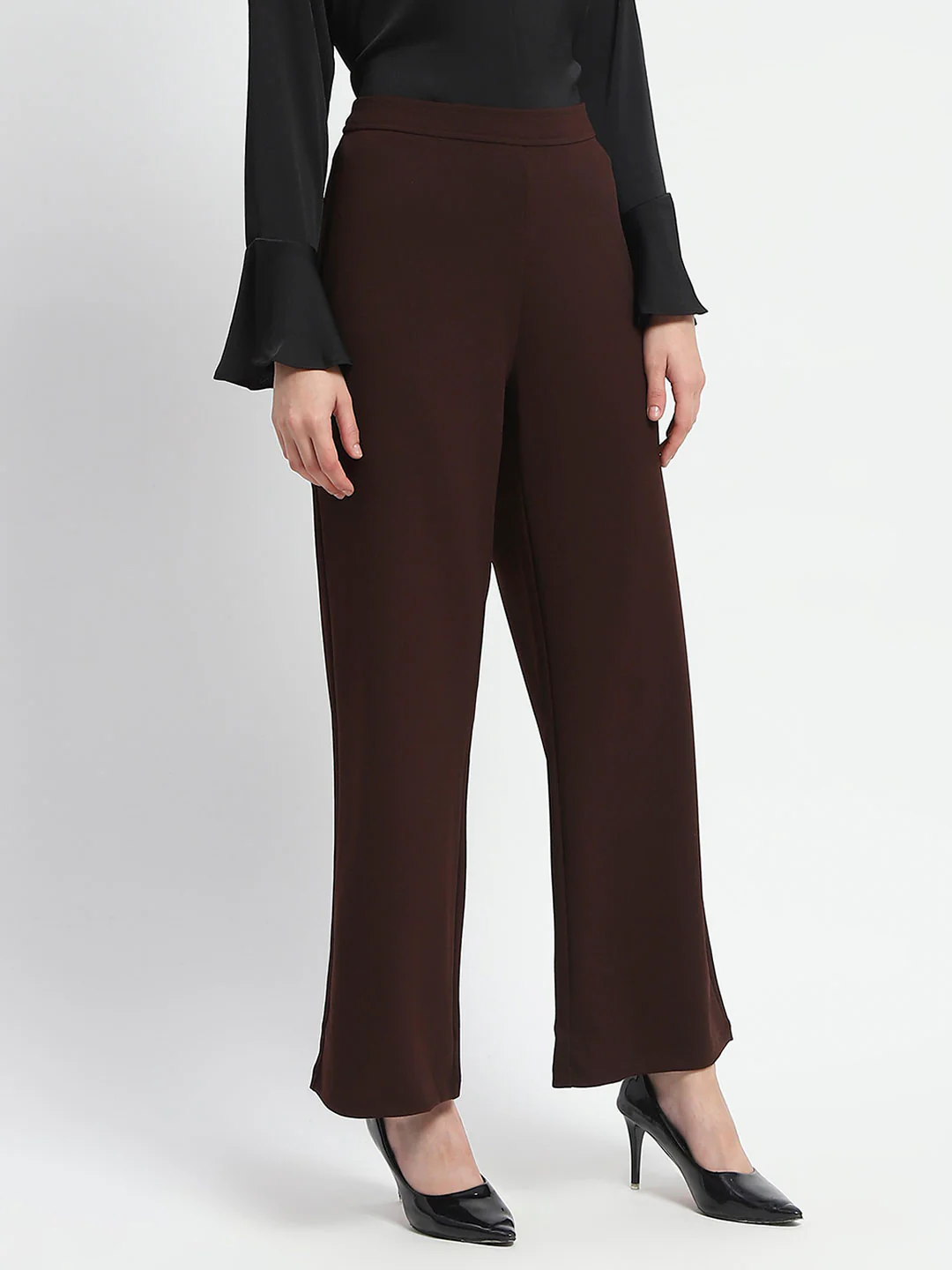 Madame Straight Fit Elasticated Waist Solid Coffee Trousers - Image 3