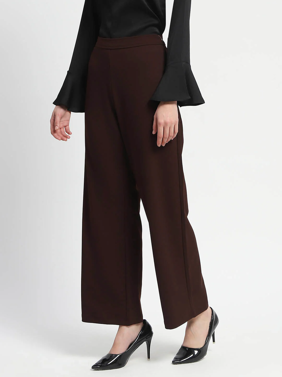 Madame Straight Fit Elasticated Waist Solid Coffee Trousers - Image 4