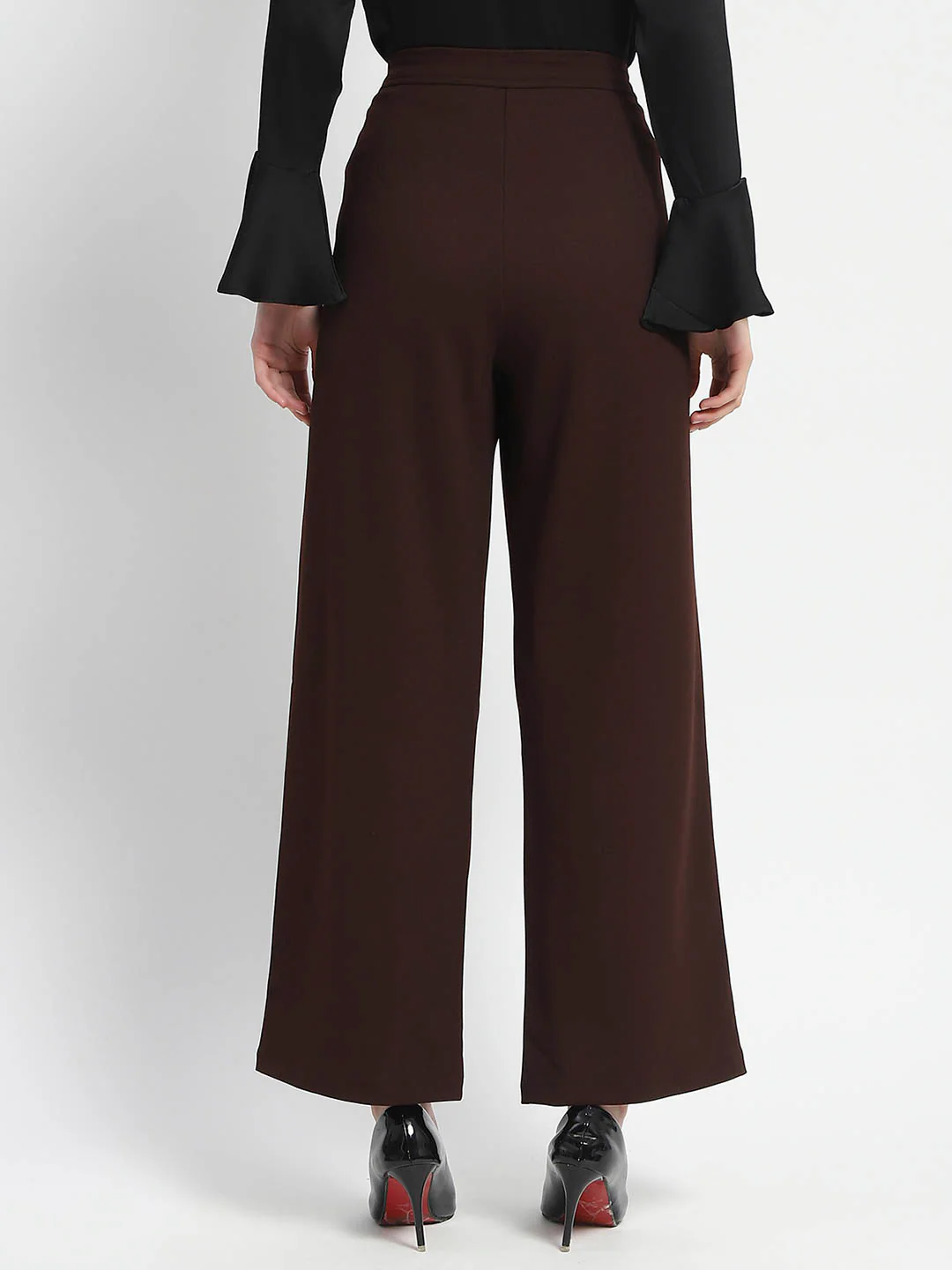 Madame Straight Fit Elasticated Waist Solid Coffee Trousers - Image 5