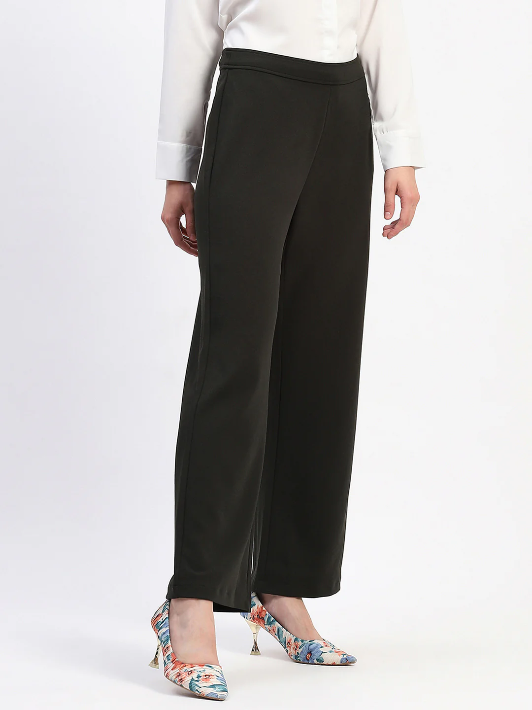 Madame Wide Legged Solid Olive Trousers - Image 3