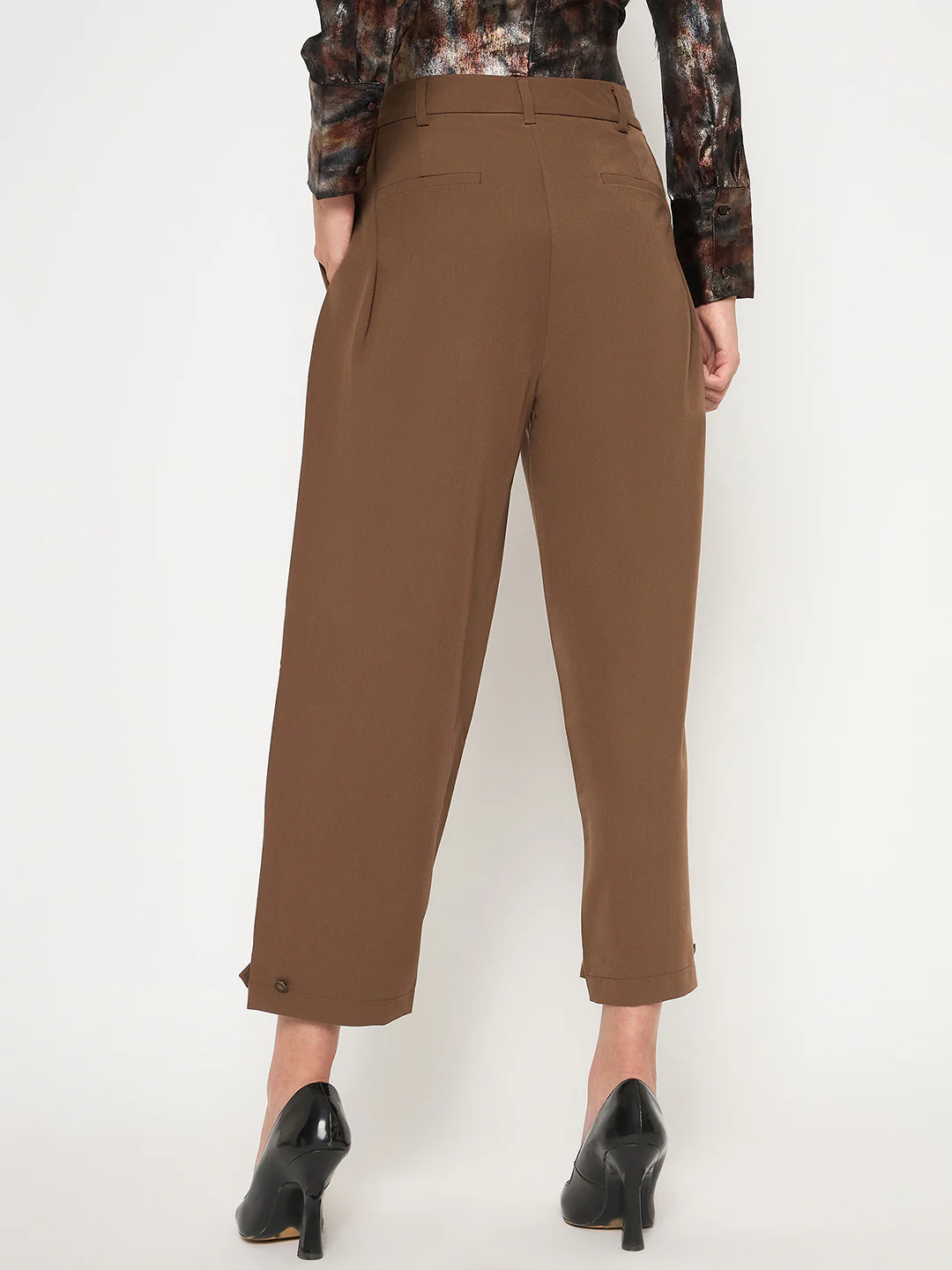 Madame Buckled Hem Warm Tan Rayon Blend Trousers - Image 5