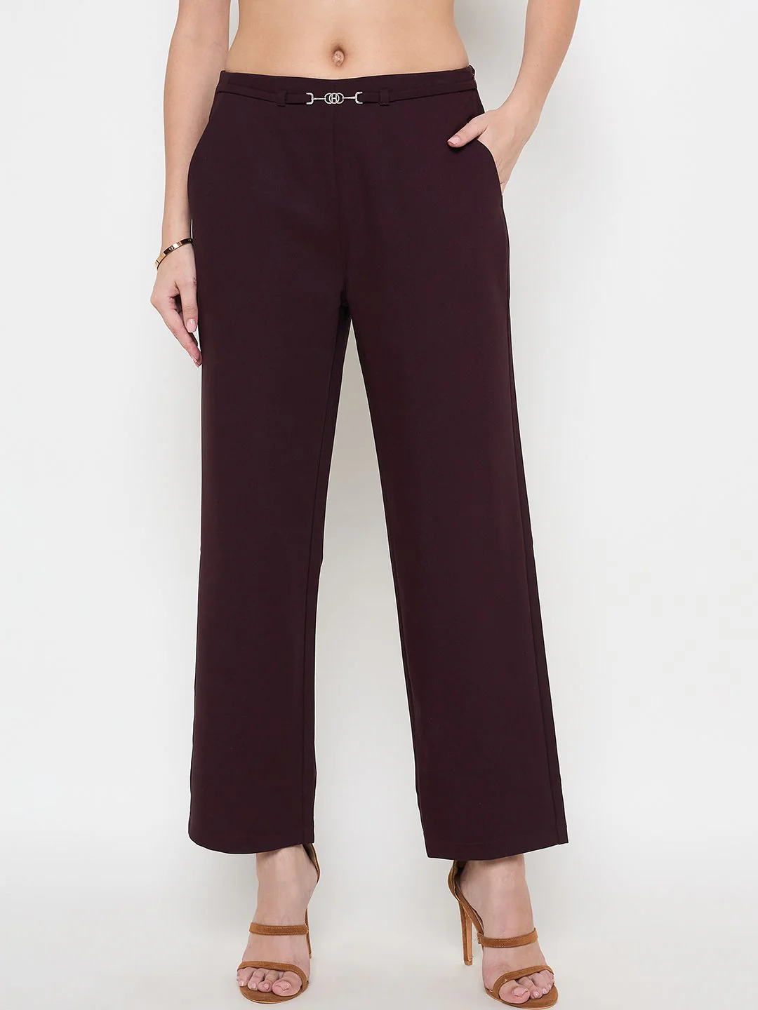 Madame Belted Straight Fit Wine Trousers