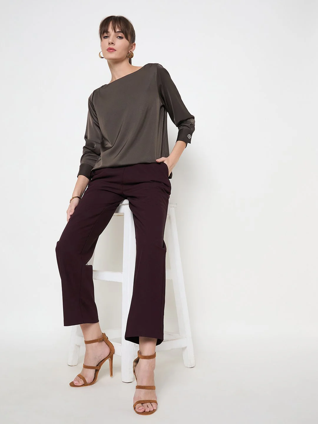 Madame Belted Straight Fit Wine Trousers - Image 2
