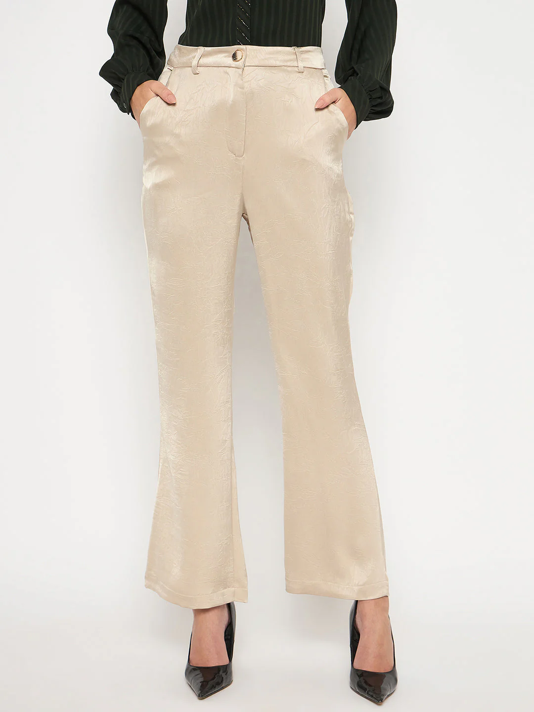 Madame Straight Fit Solid Beige Trousers - Image 3