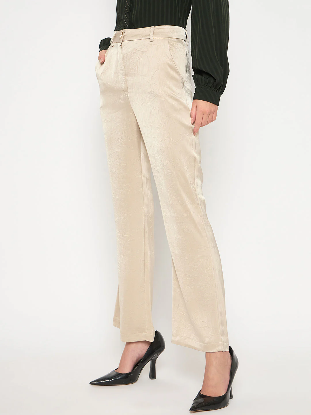 Madame Straight Fit Solid Beige Trousers - Image 5