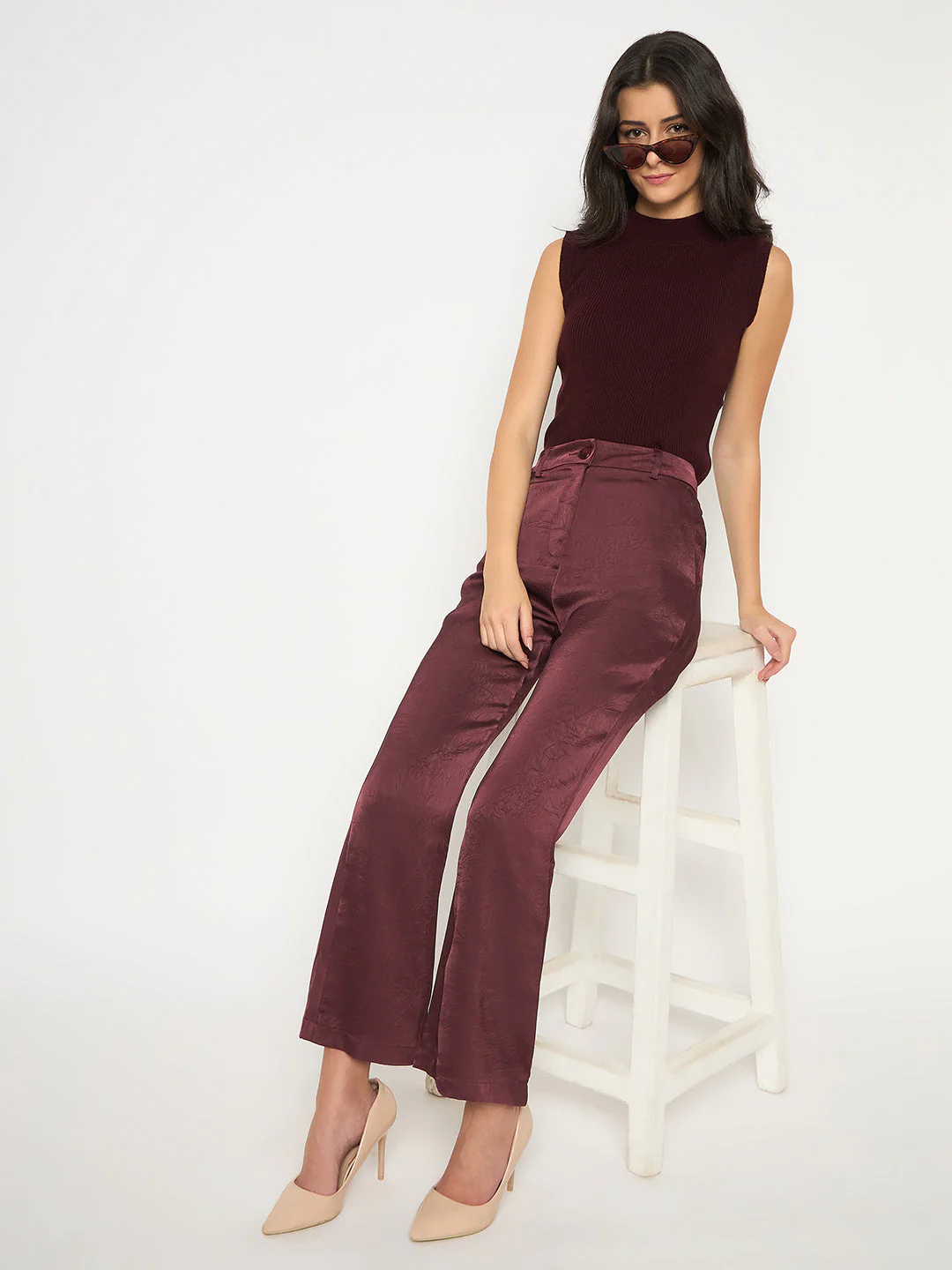 Madame Straight Fit Solid Maroon Trousers - Image 2