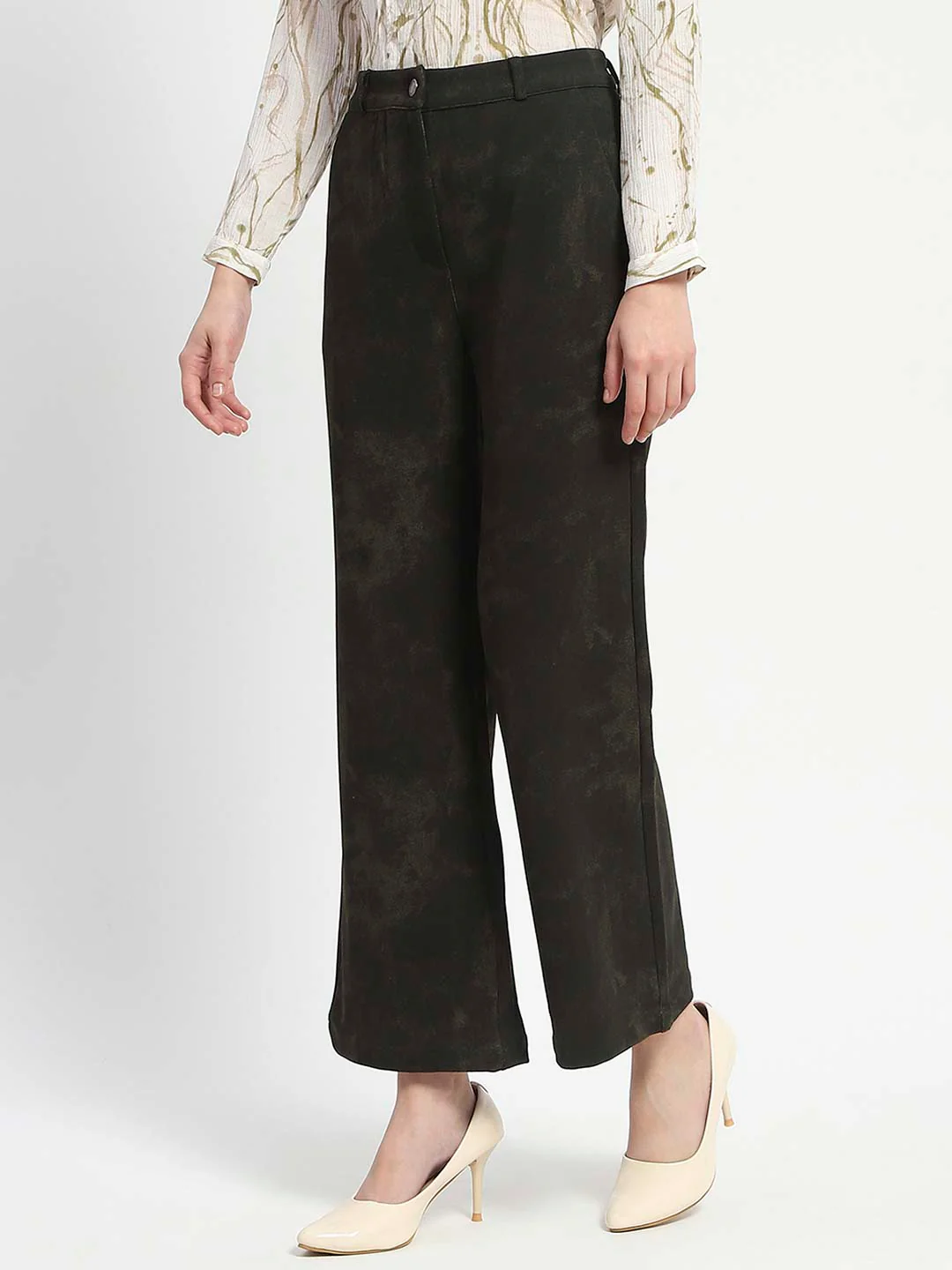 Madame Jacquard Straight Fit Flared Green Trousers - Image 2