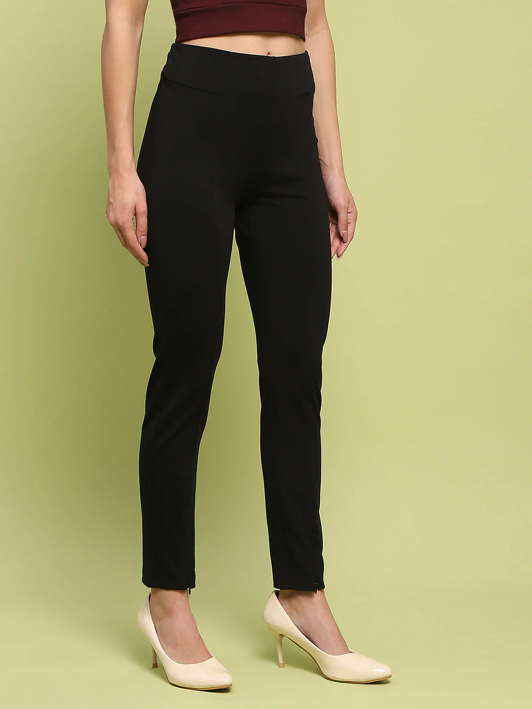 Madame Pleated Solid Black Rayon Blend Jeggings - Image 3