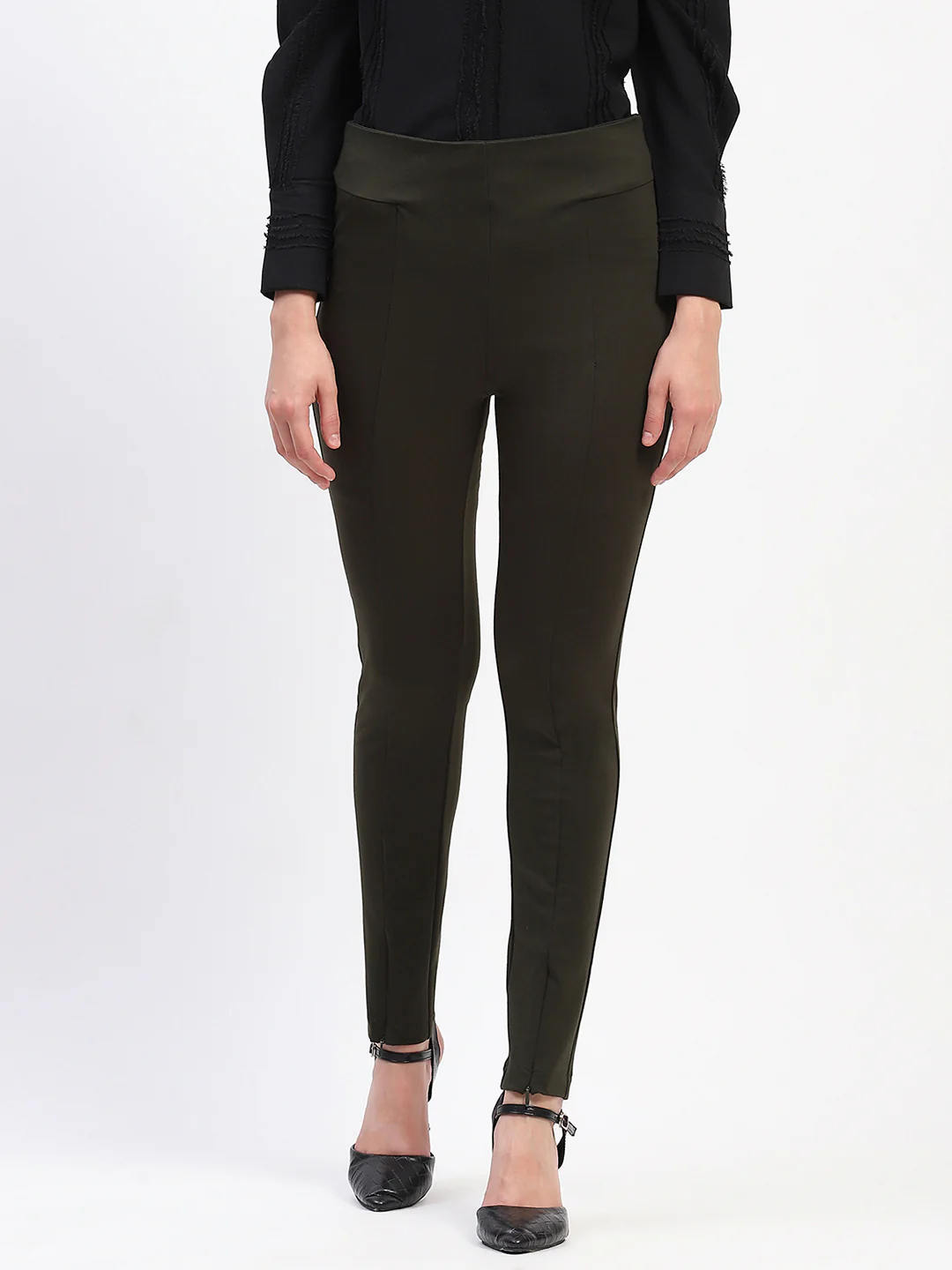 Madame Pleated Solid Olive Straight Trousers