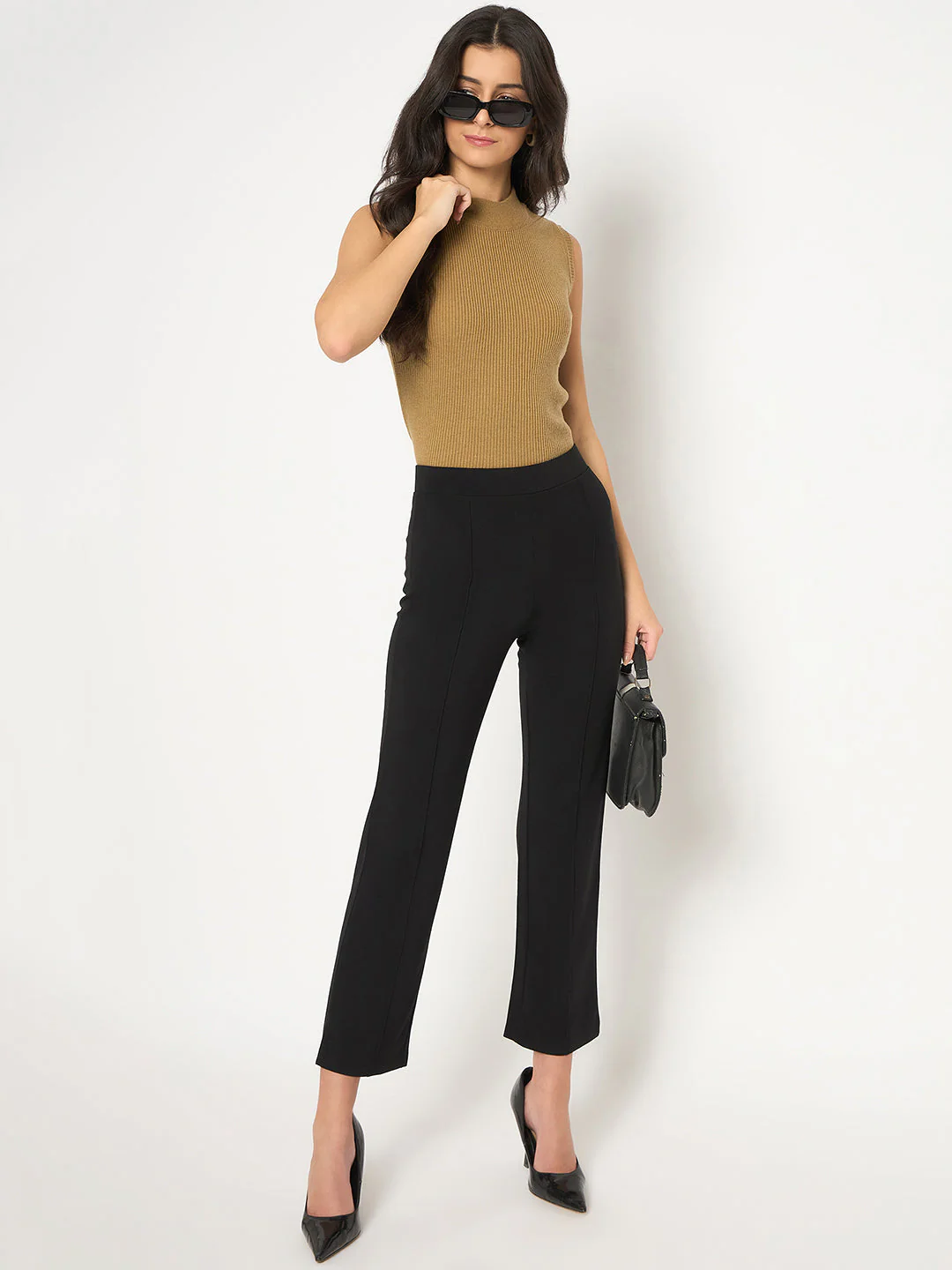 Madame Rayon Blend Pleated Straight Fit Black Jeggings - Image 2