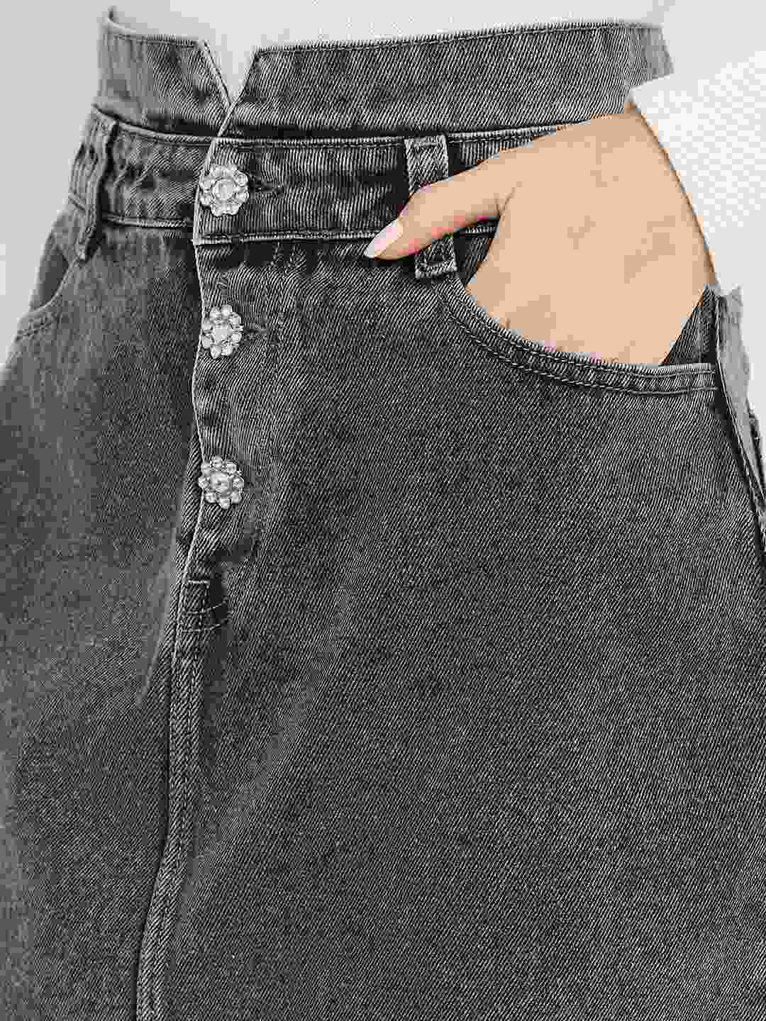 Madame Embellished Gray Wash Black Mini Skirt - Image 7