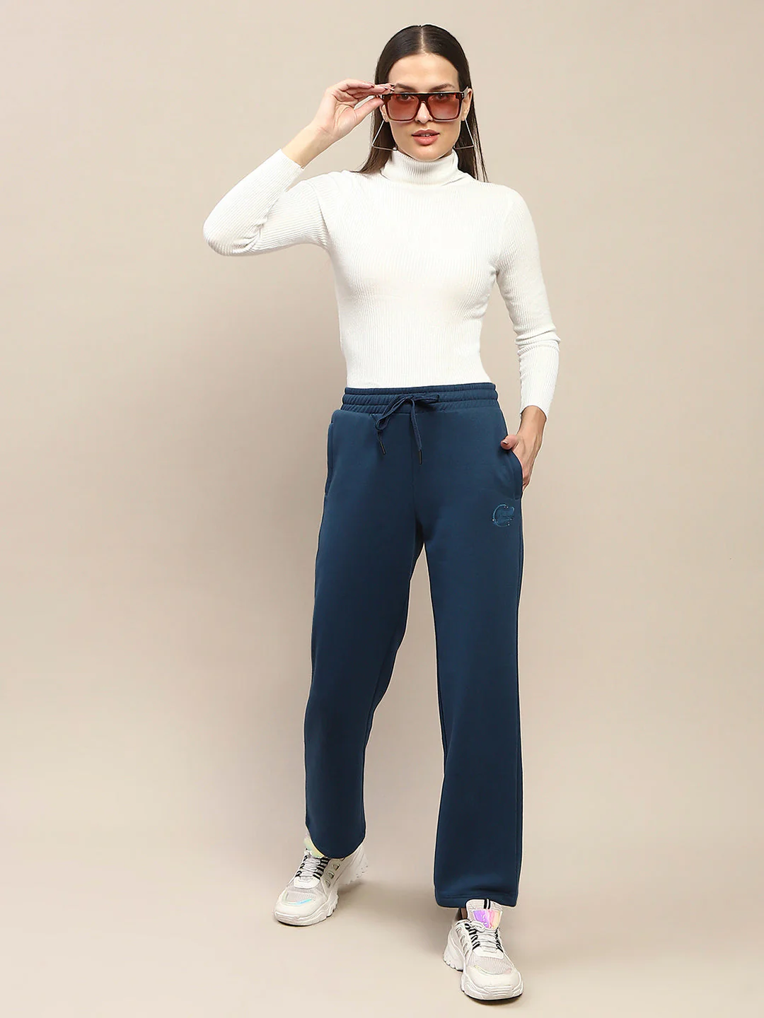 Madame Placement Printed Cotton Blue Track Bottoms