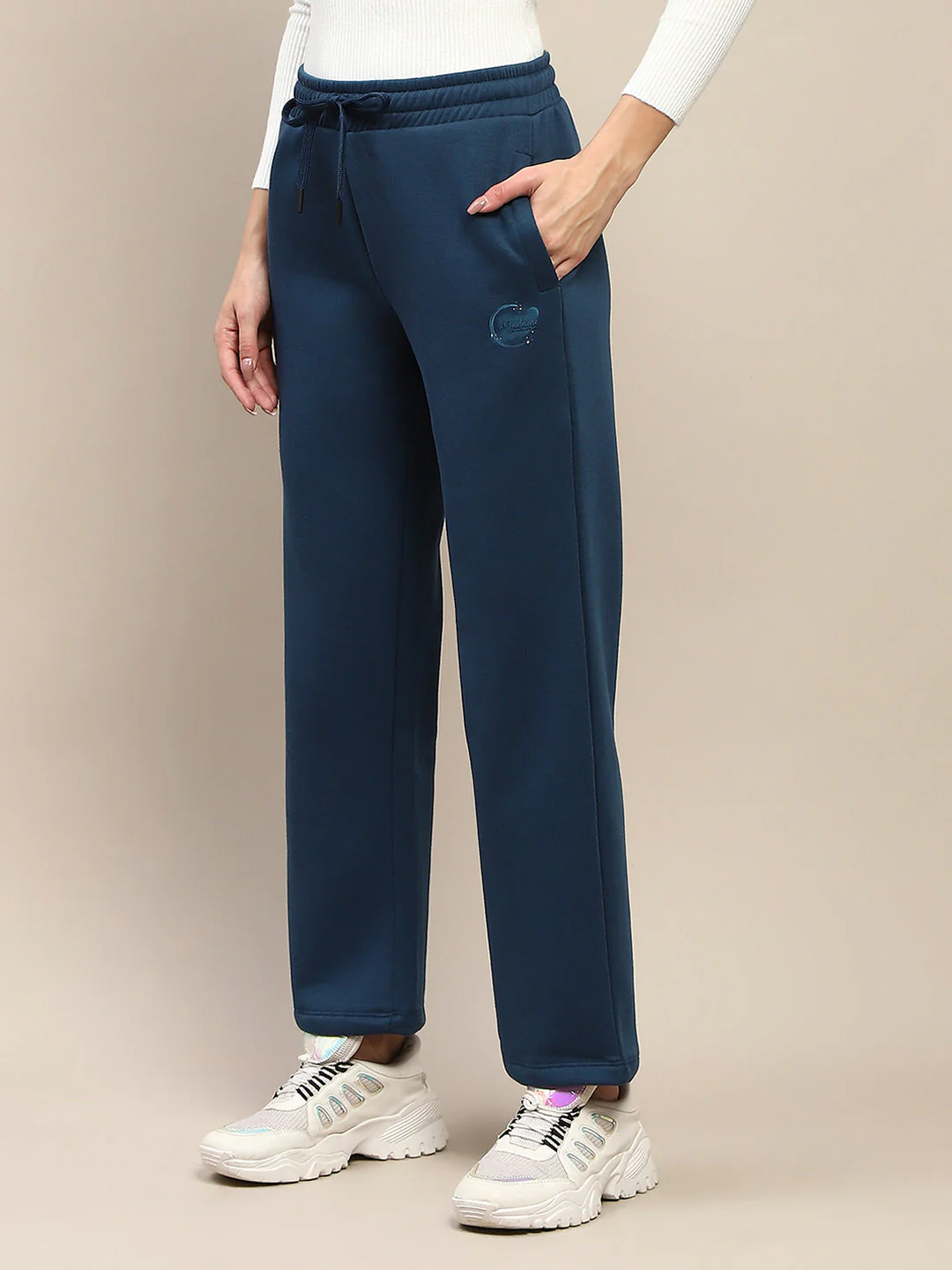 Madame Placement Printed Cotton Blue Track Bottoms - Image 4