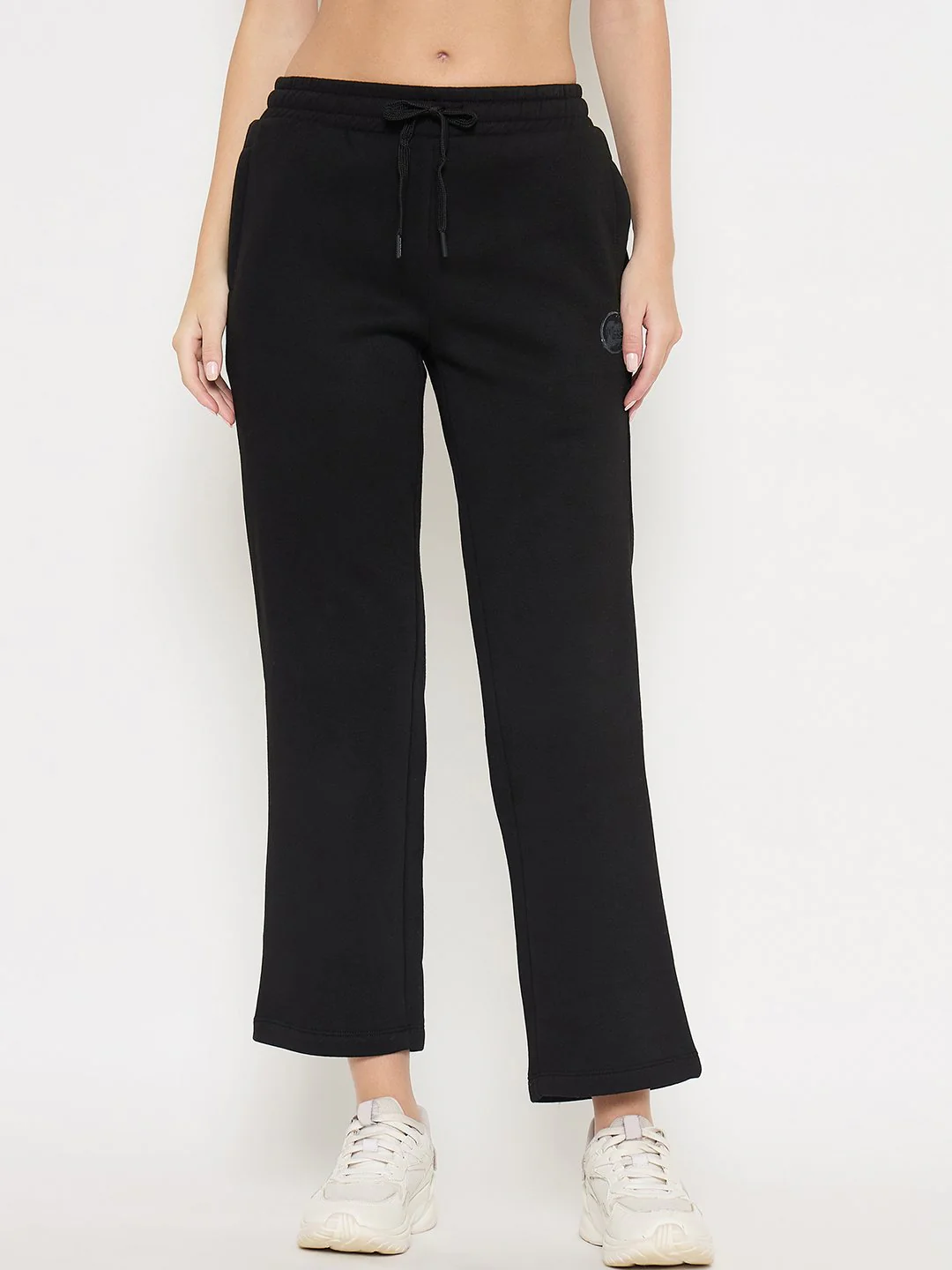 Madame Typography Print Black Cotton Blend Track Bottoms