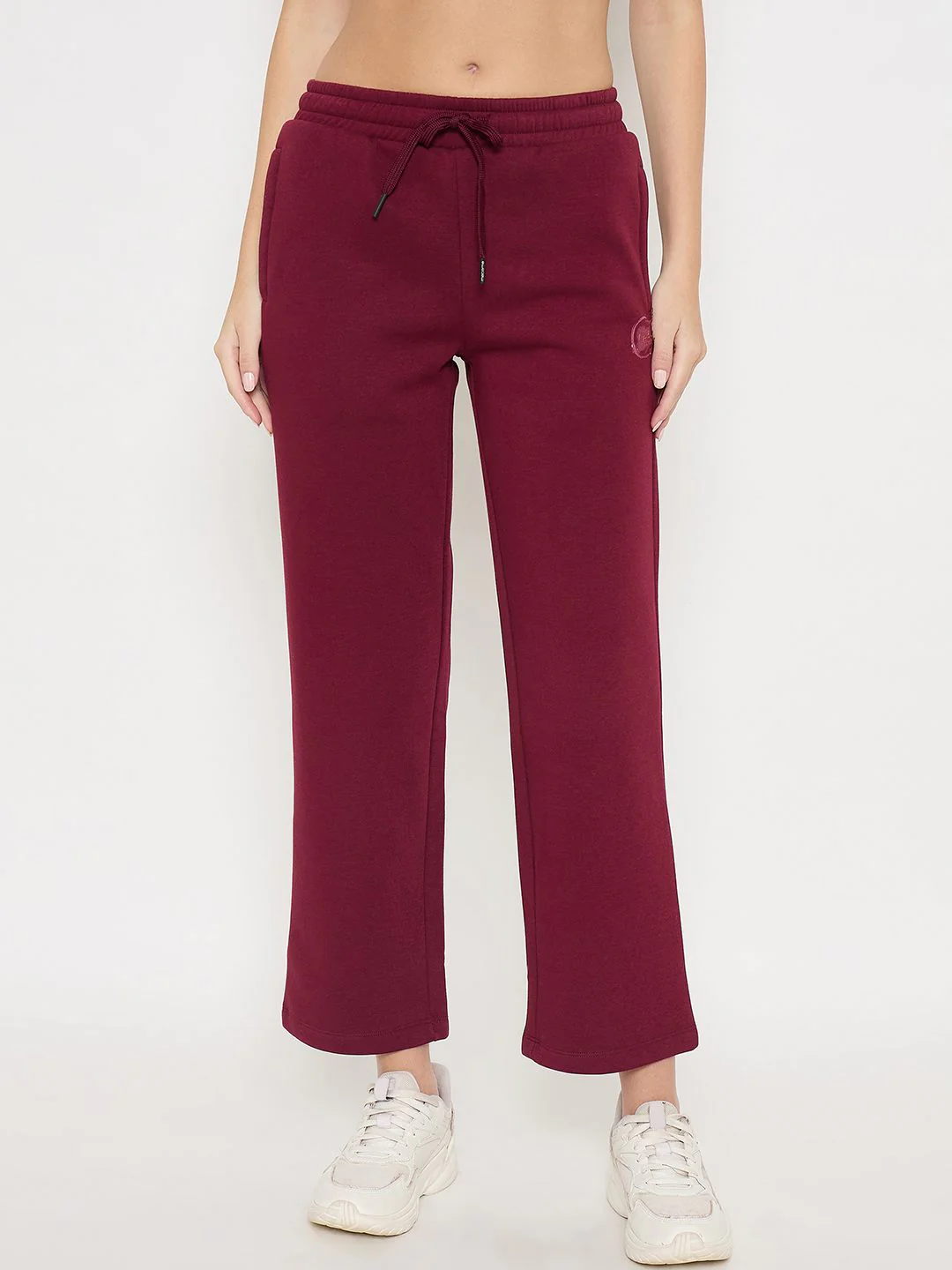 Madame Typography Print Wine Red Cotton Blend Track Bottoms