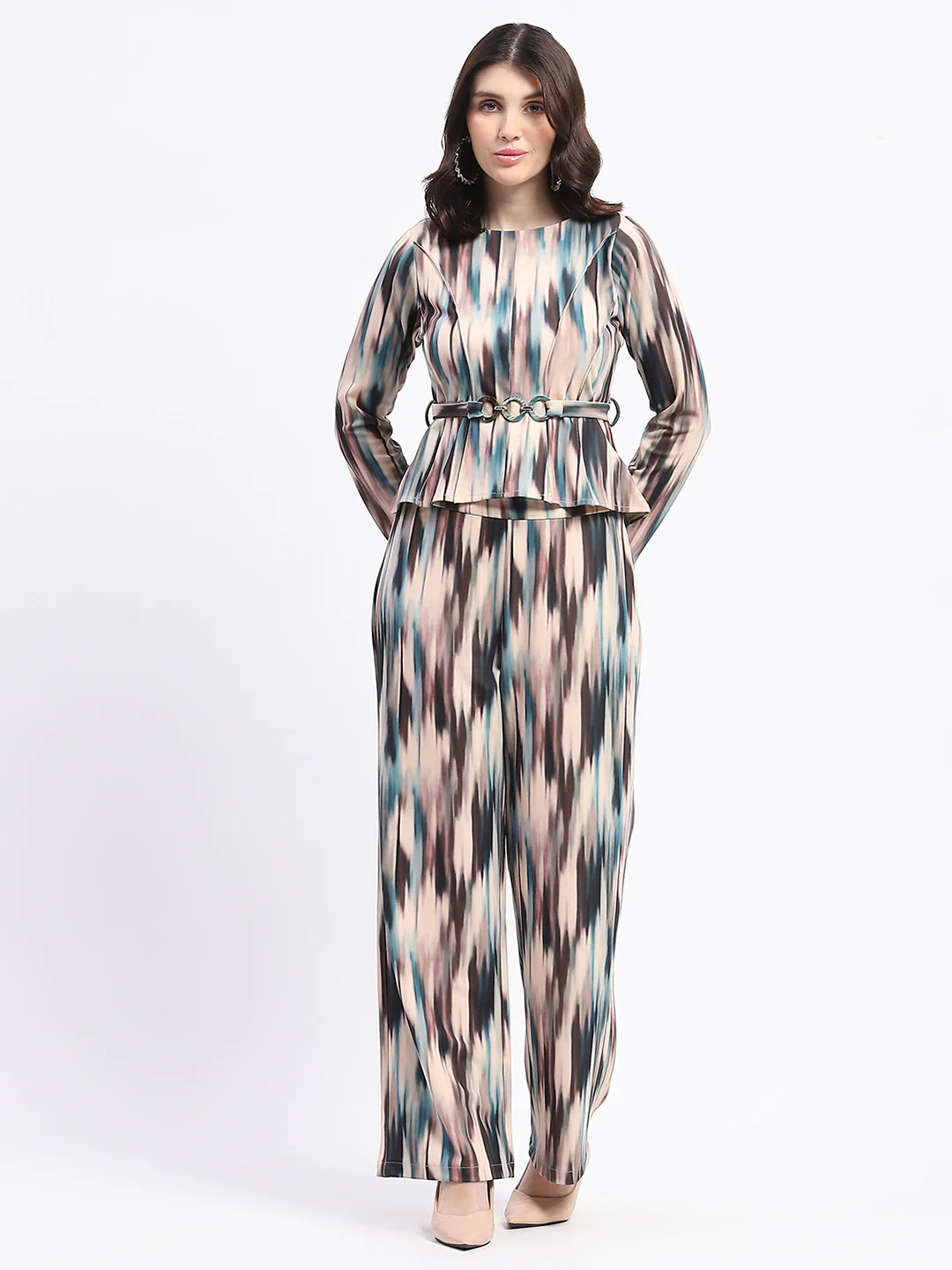 Madame Knit Moss Printed Belted Top And Bottom Beige Co-Ord Set - Image 3