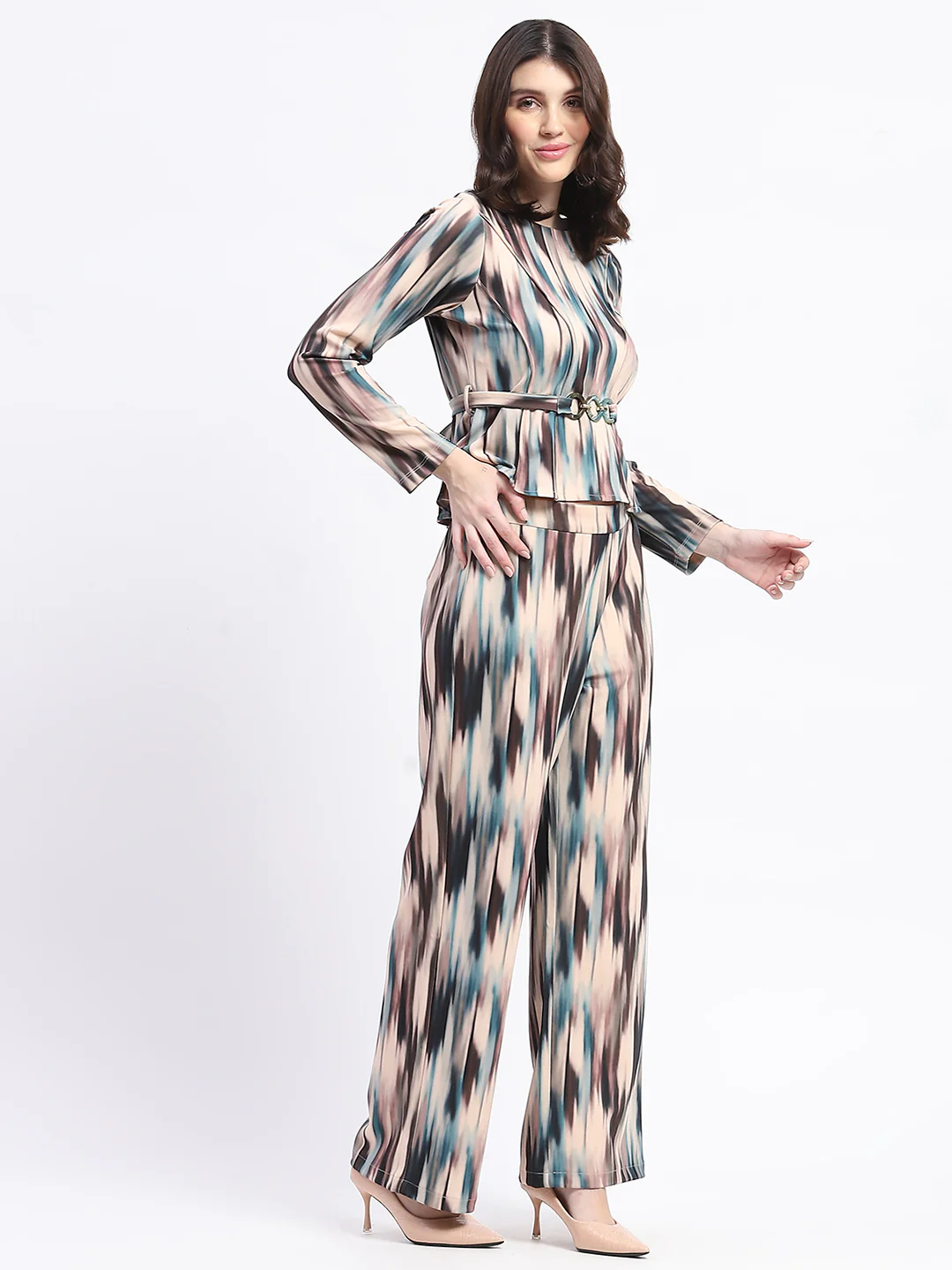 Madame Knit Moss Printed Belted Top And Bottom Beige Co-Ord Set - Image 4