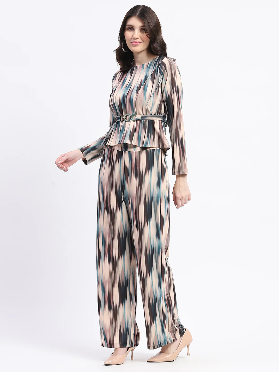 Madame Knit Moss Printed Belted Top And Bottom Beige Co-Ord Set - Image 5