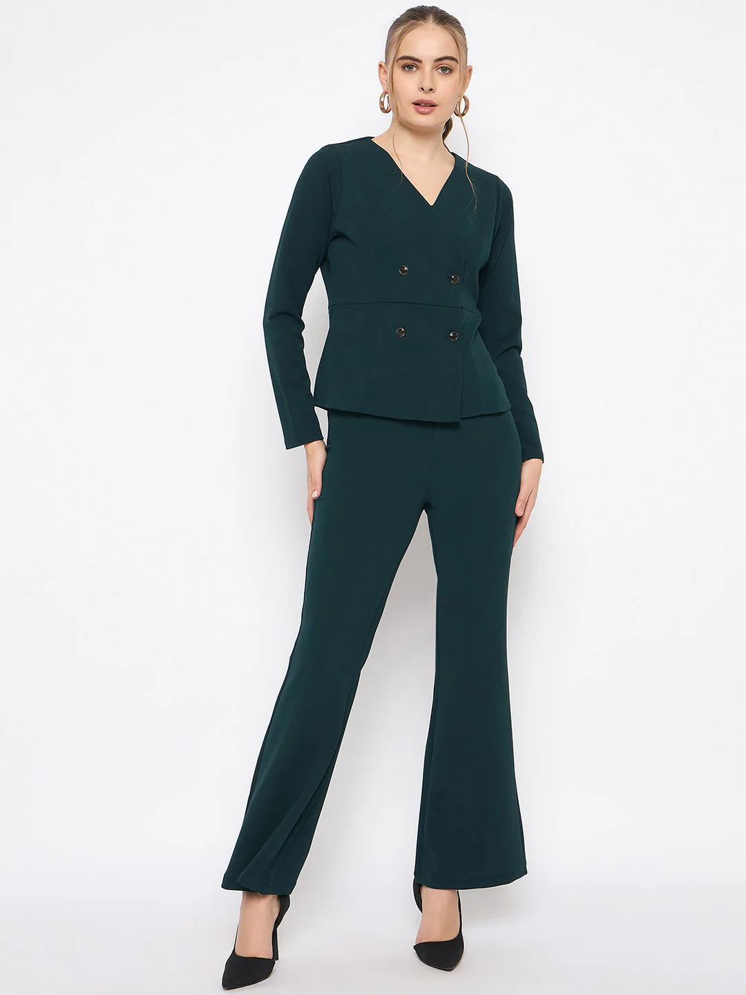 Madame Teal Knit Moss Overlap Top and Bottom Co-ord Set - Image 3