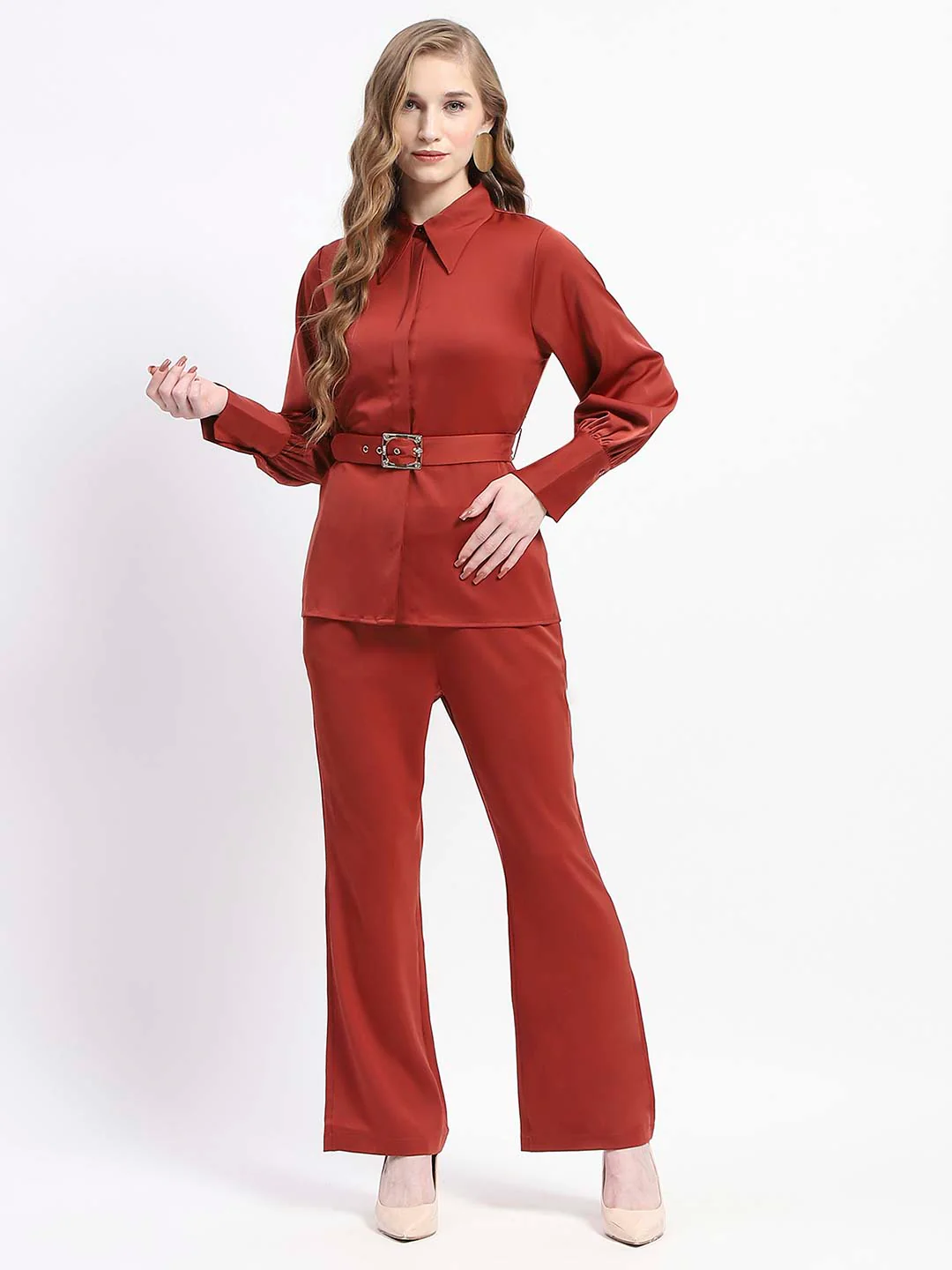 Madame Belted Shirt and Trousers Rust Orange Co-ord Set - Image 2
