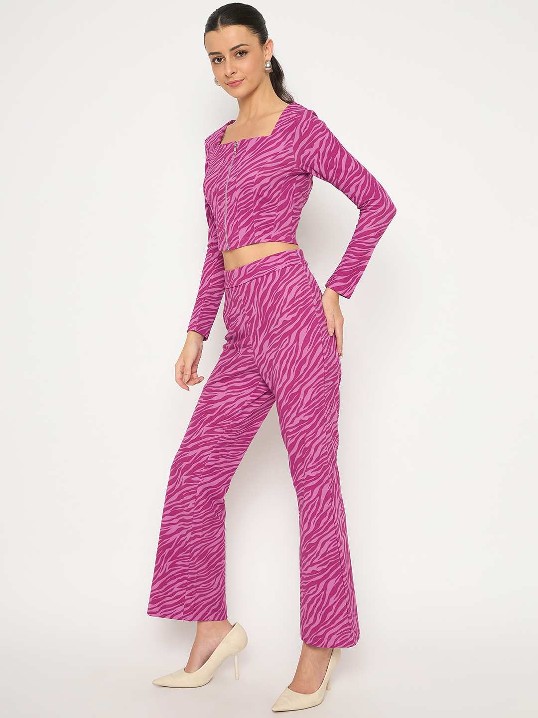 Madame Animal Print Zipped Top and Flared Bottom Pink Co-Ord Set - Image 5