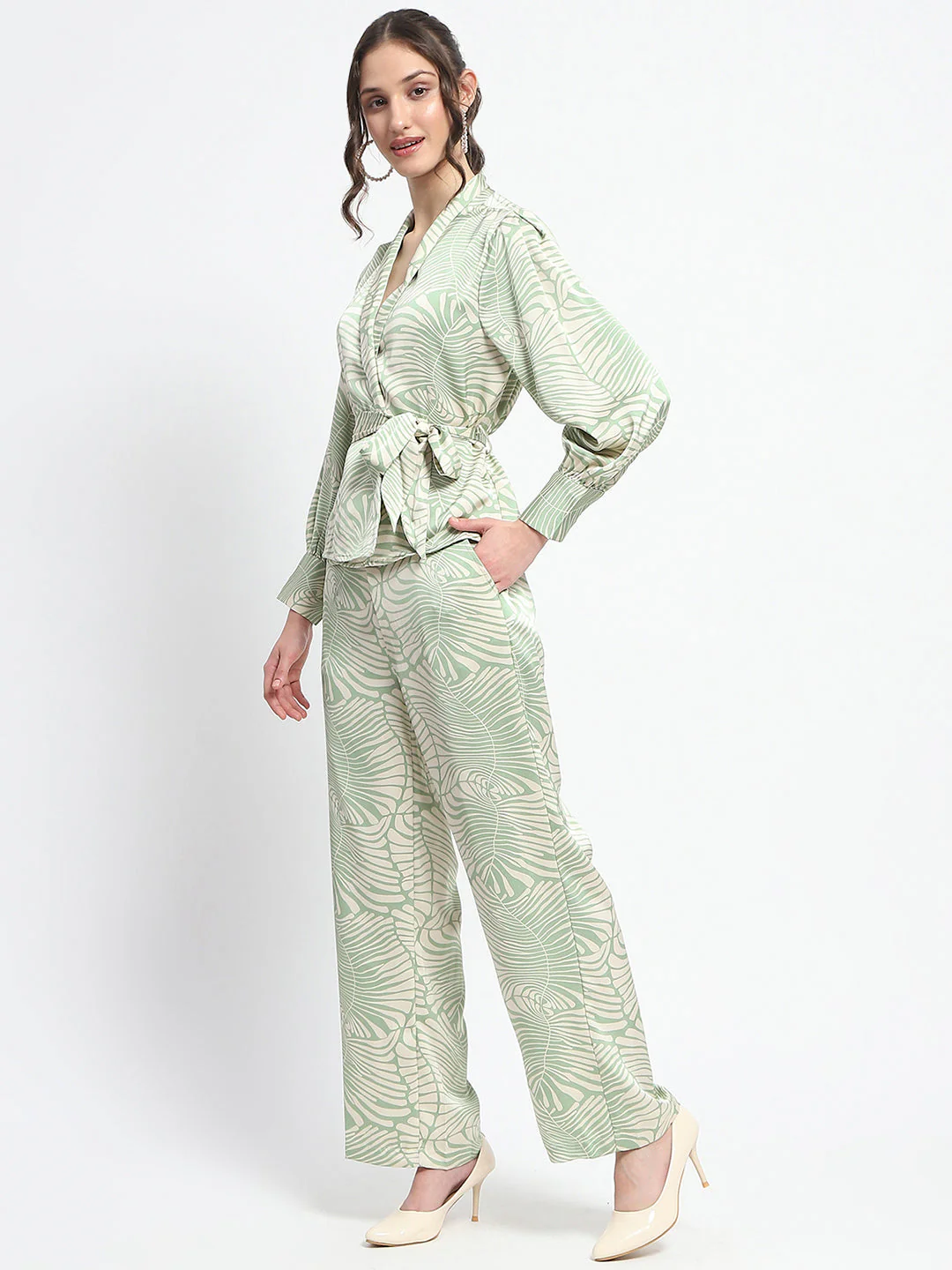 Madame Botanical Print Wrap Top and Bottom Beige Ensemble - Image 5