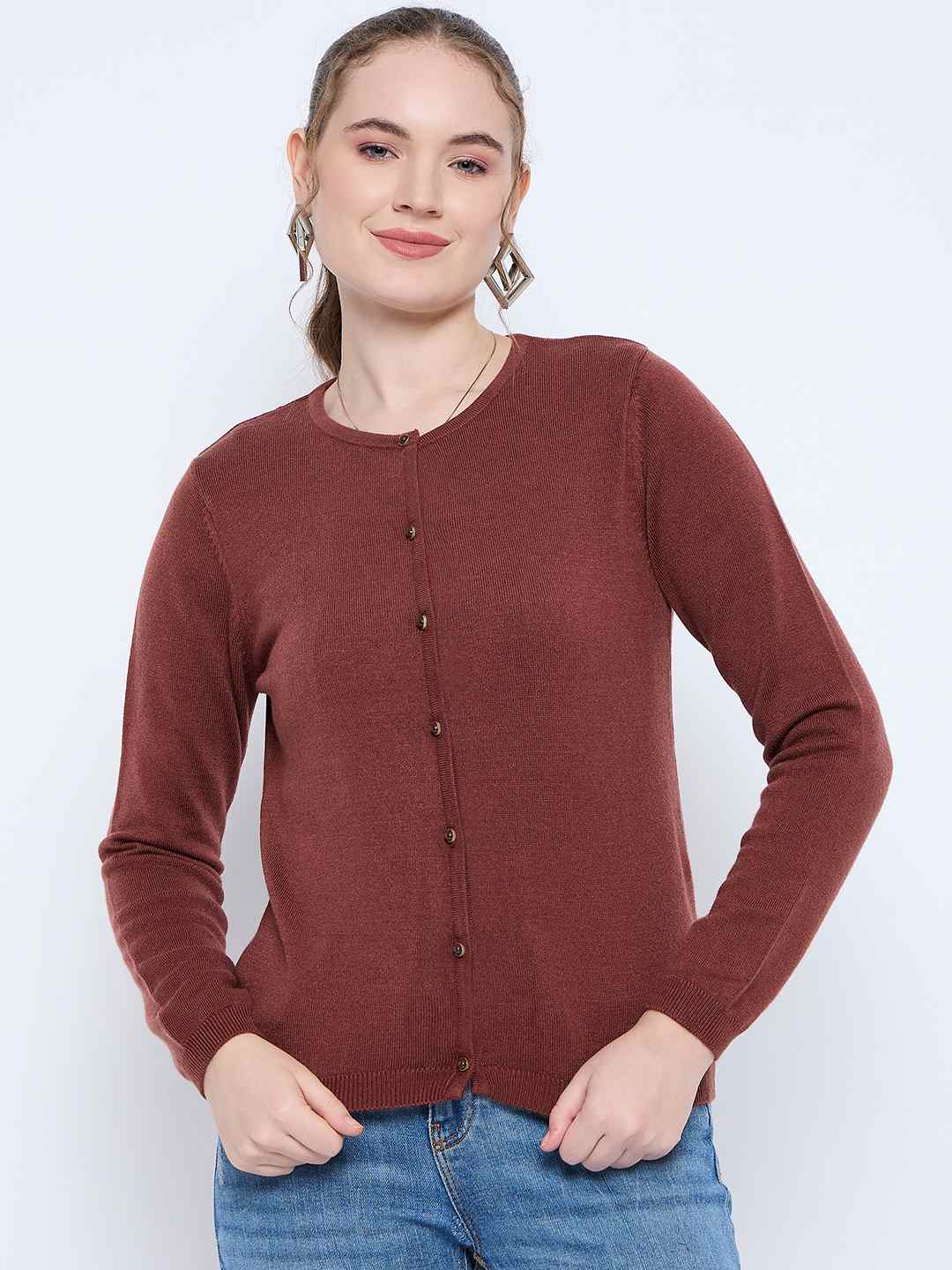 Madame Crew Neck Button Down Brown Cardigan - Image 2
