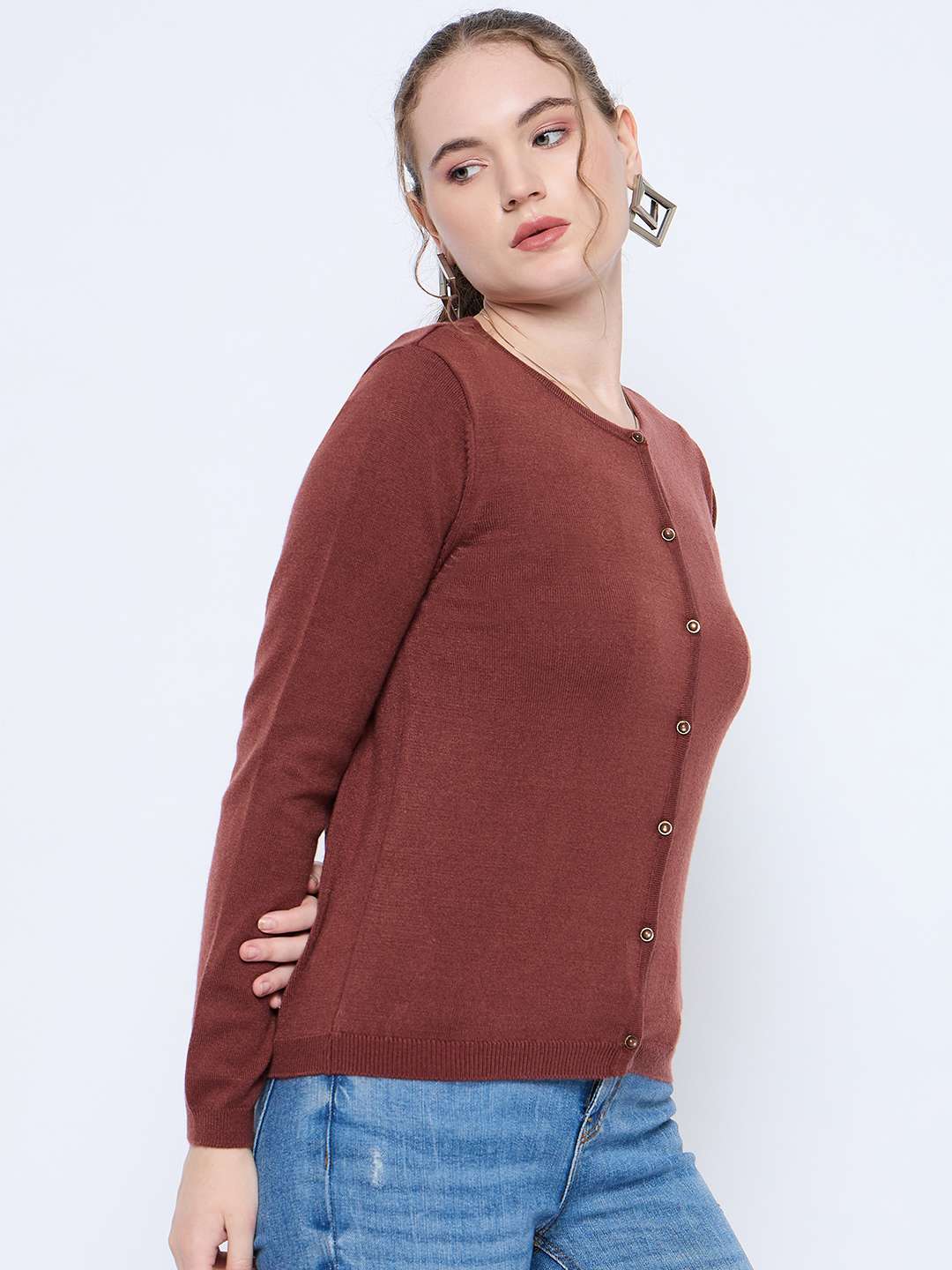 Madame Crew Neck Button Down Brown Cardigan - Image 3