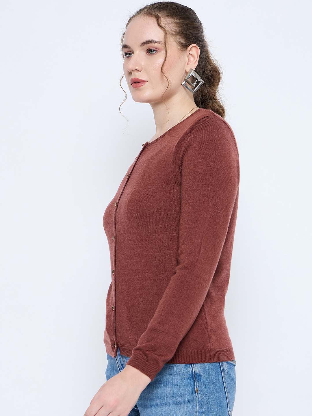 Madame Crew Neck Button Down Brown Cardigan - Image 6