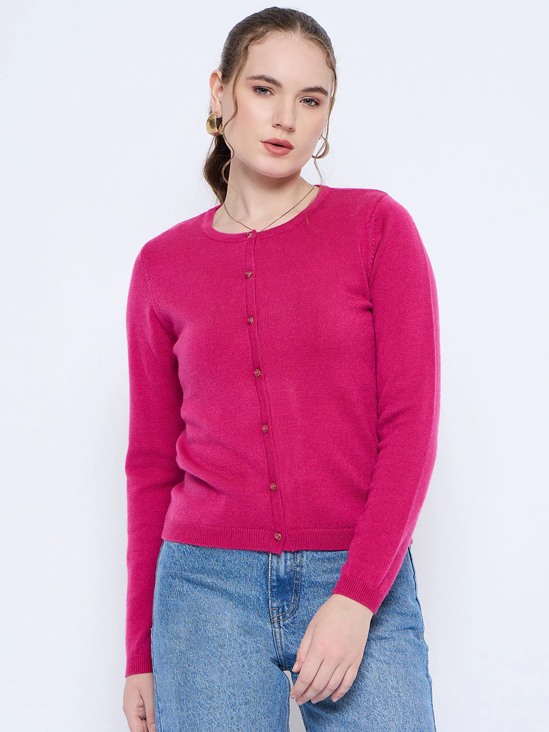 Madame Crew Neck Button Down Fuschia Cardigan - Image 2