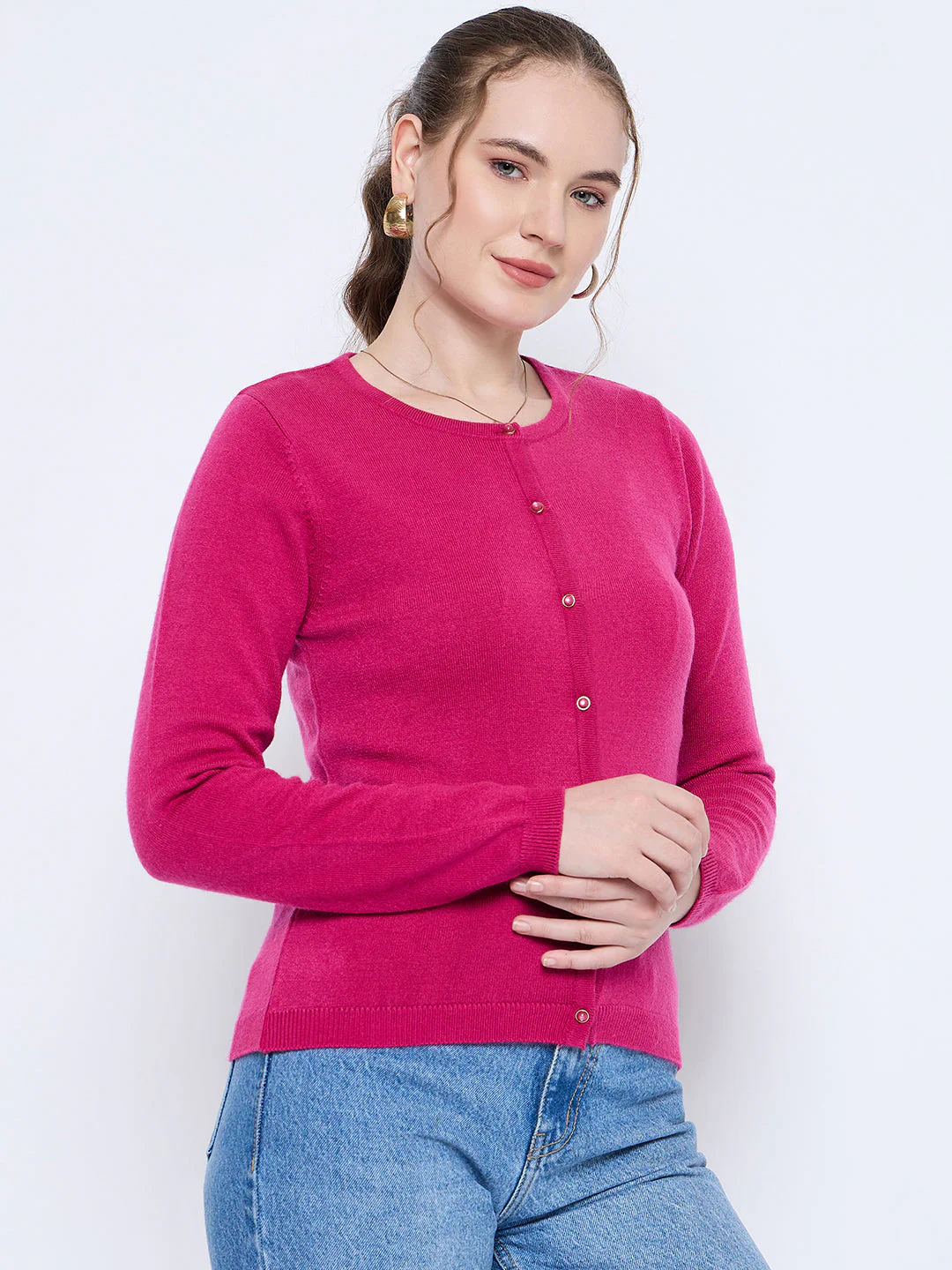 Madame Crew Neck Button Down Fuschia Cardigan - Image 3