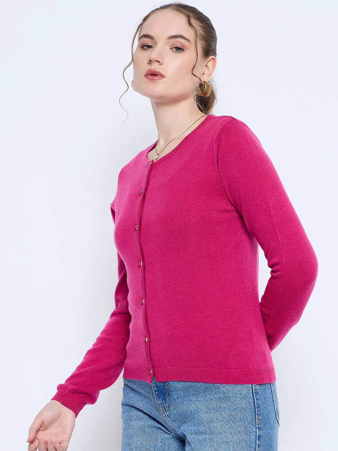 Madame Crew Neck Button Down Fuschia Cardigan - Image 4
