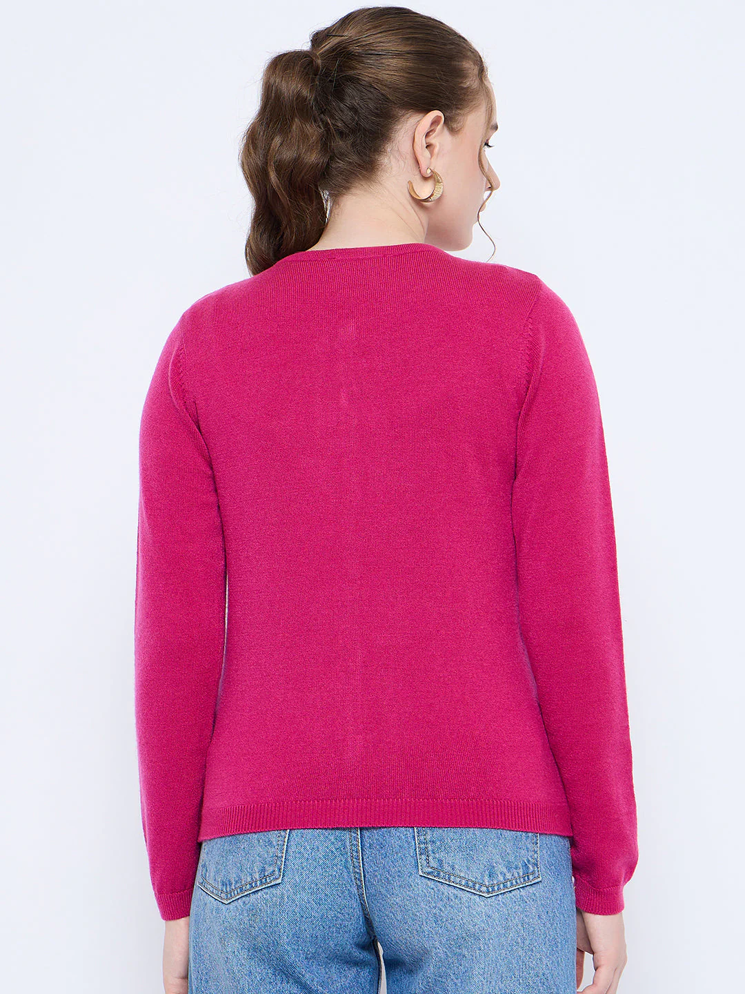 Madame Crew Neck Button Down Fuschia Cardigan - Image 5
