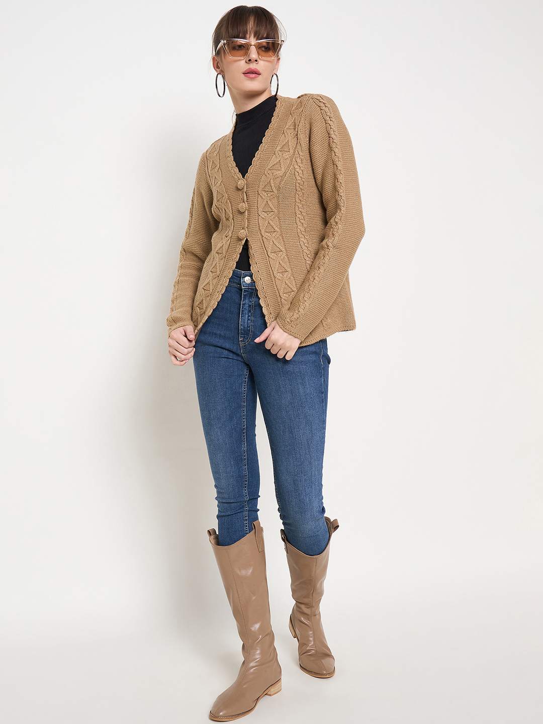 Madame Camel Cable Knit Acrylic Cardigan - Image 2